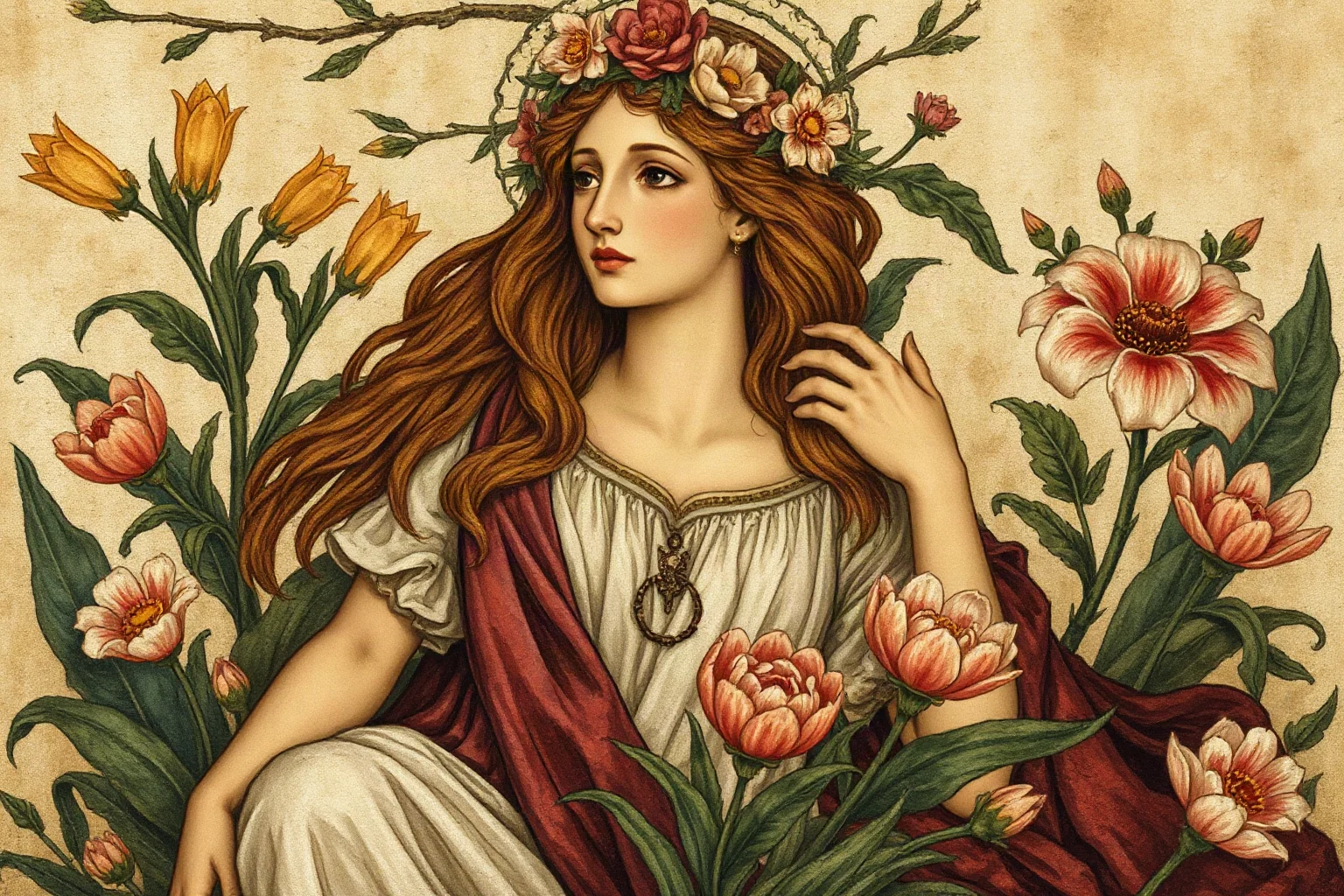Roman fresco-style image of Proserpina among spring flowers with an underworld shadow motif, classical art style
