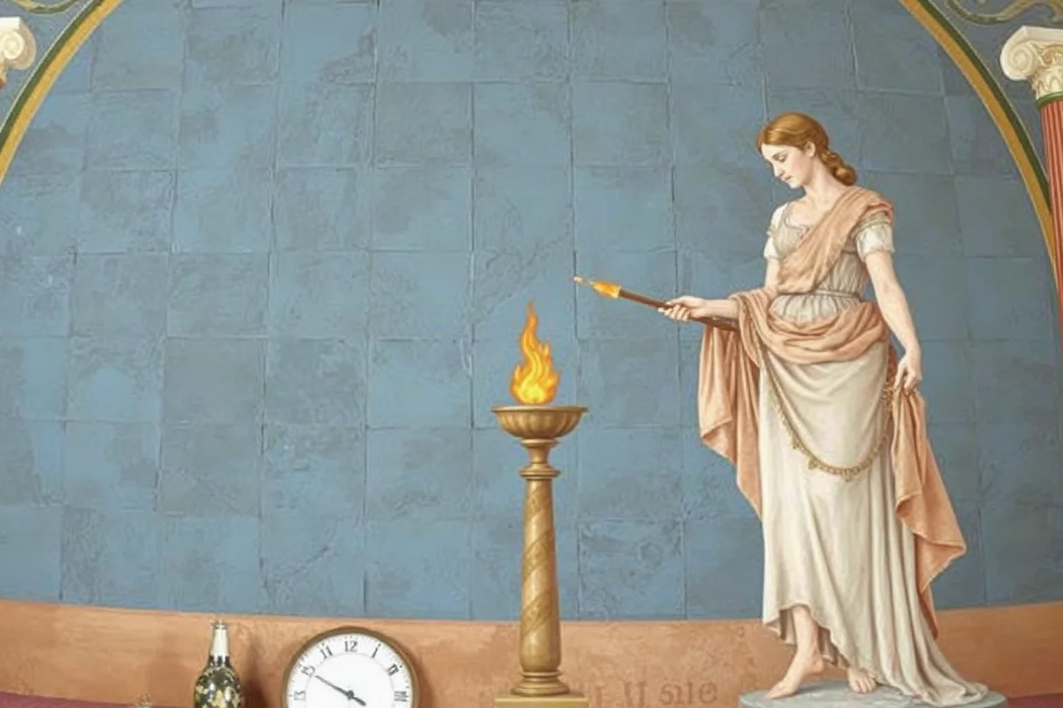 Roman fresco-style image of Vesta tending an eternal flame in a temple, classical art style