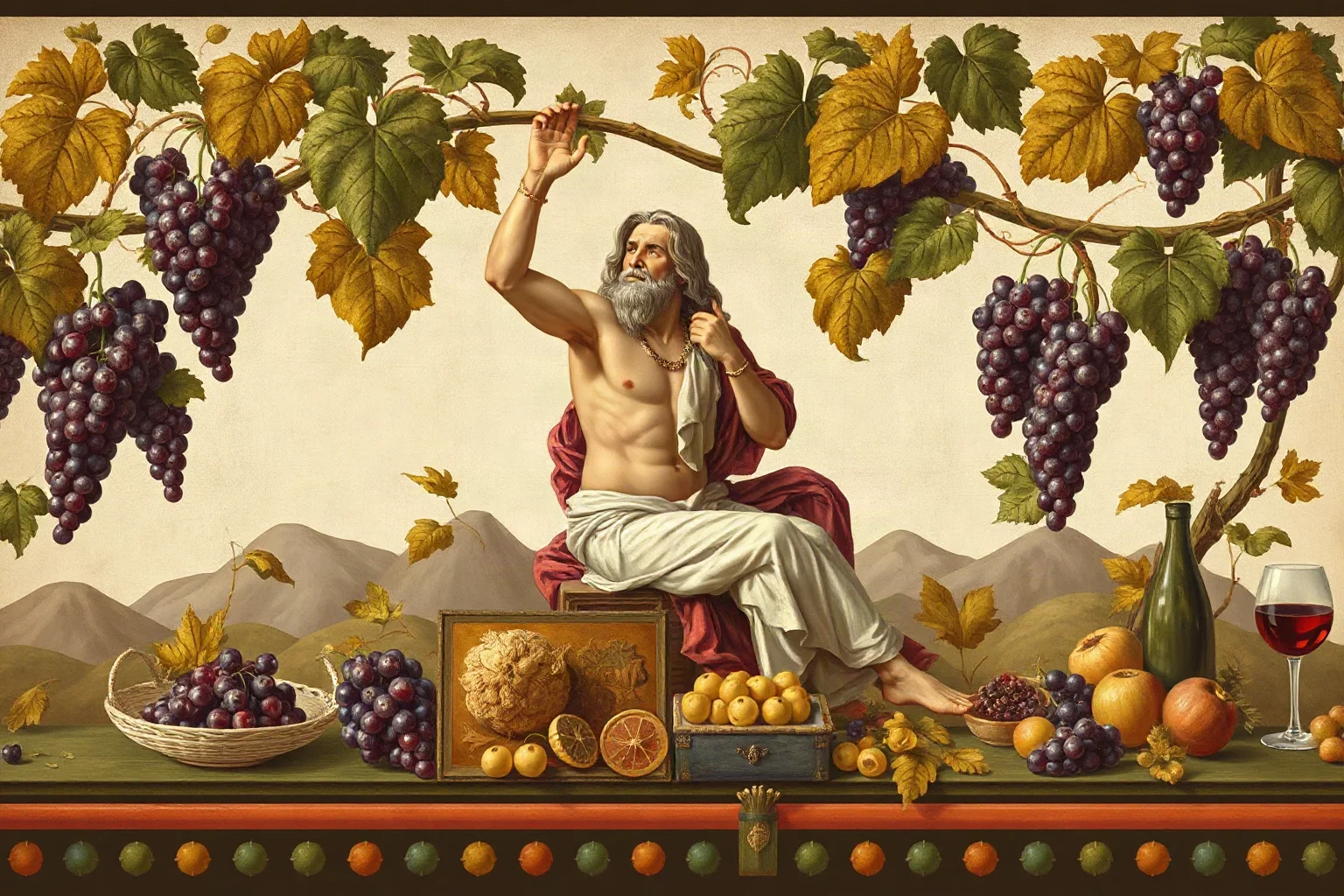 Roman fresco-style scene of Bacchus surrounded by grapevines and wine, classical art style