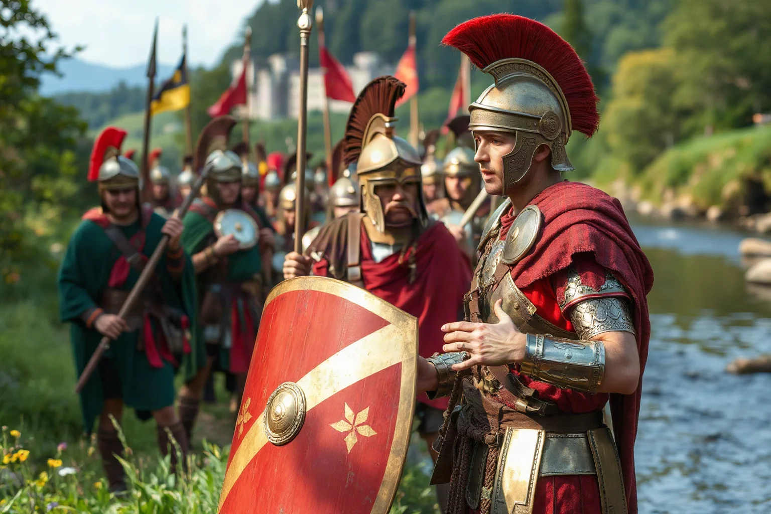 Roman general in armor addressing legionaries beside a river in Gaul