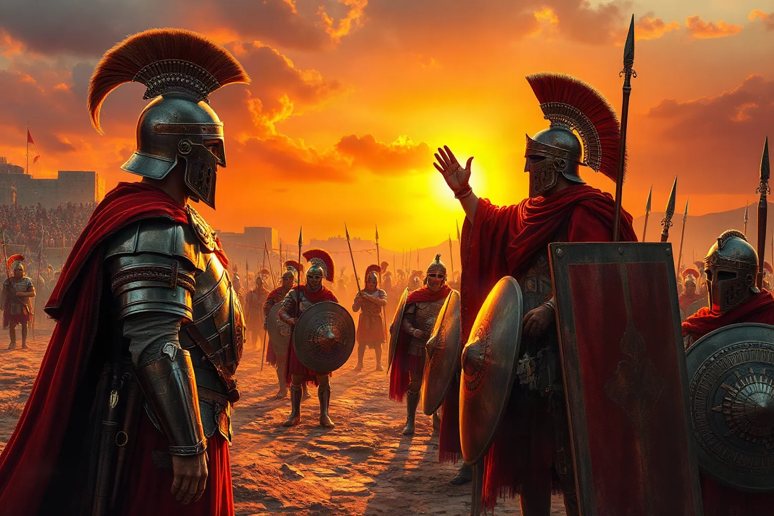 Roman general in armor addressing legionary soldiers on a North African battlefield at dawn, illustrative historical style