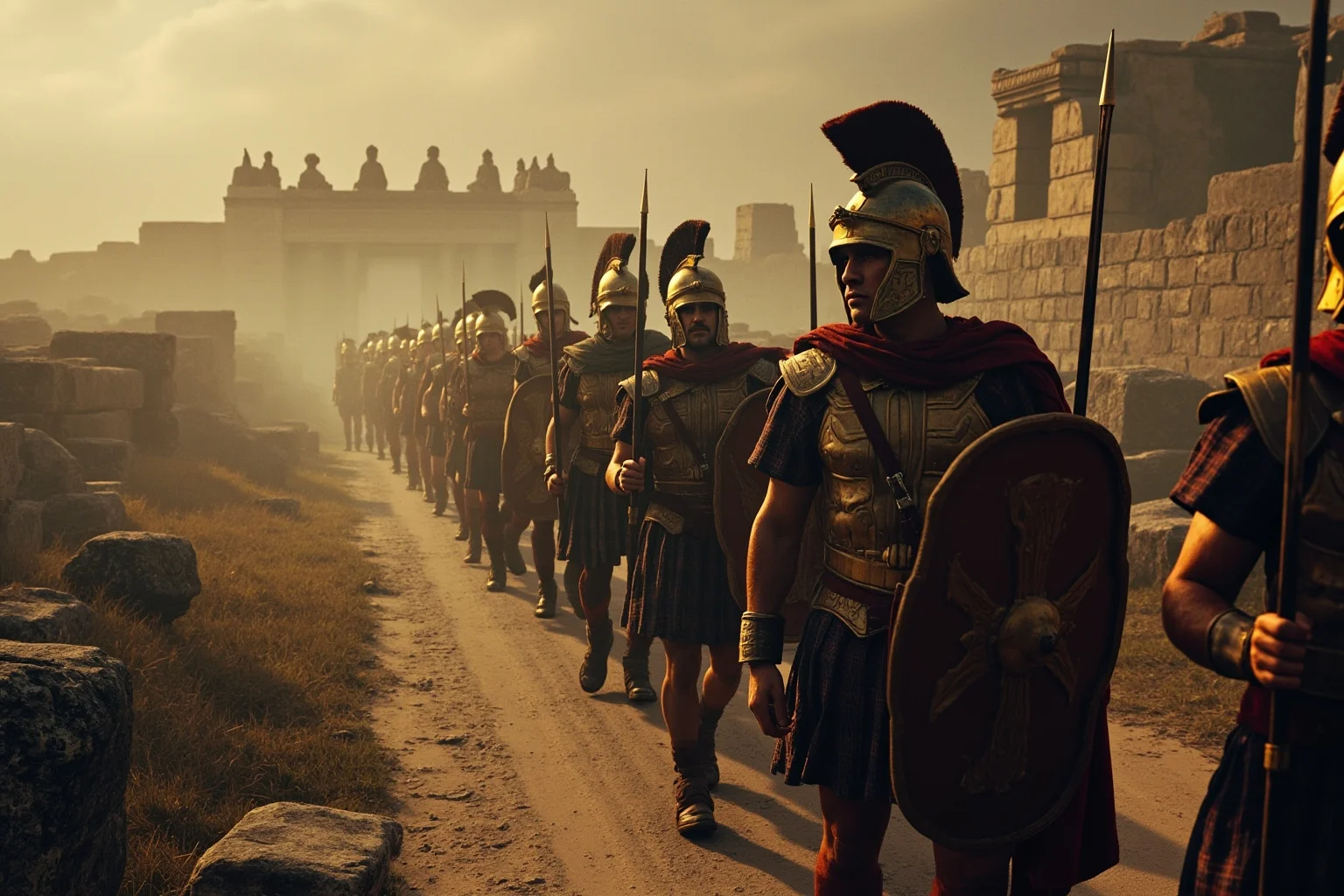 20 Deadliest Plagues That Shaped Human History 3 Roman legionaries marching along an ancient road with a somber, muted color palette evoking illness and empire
