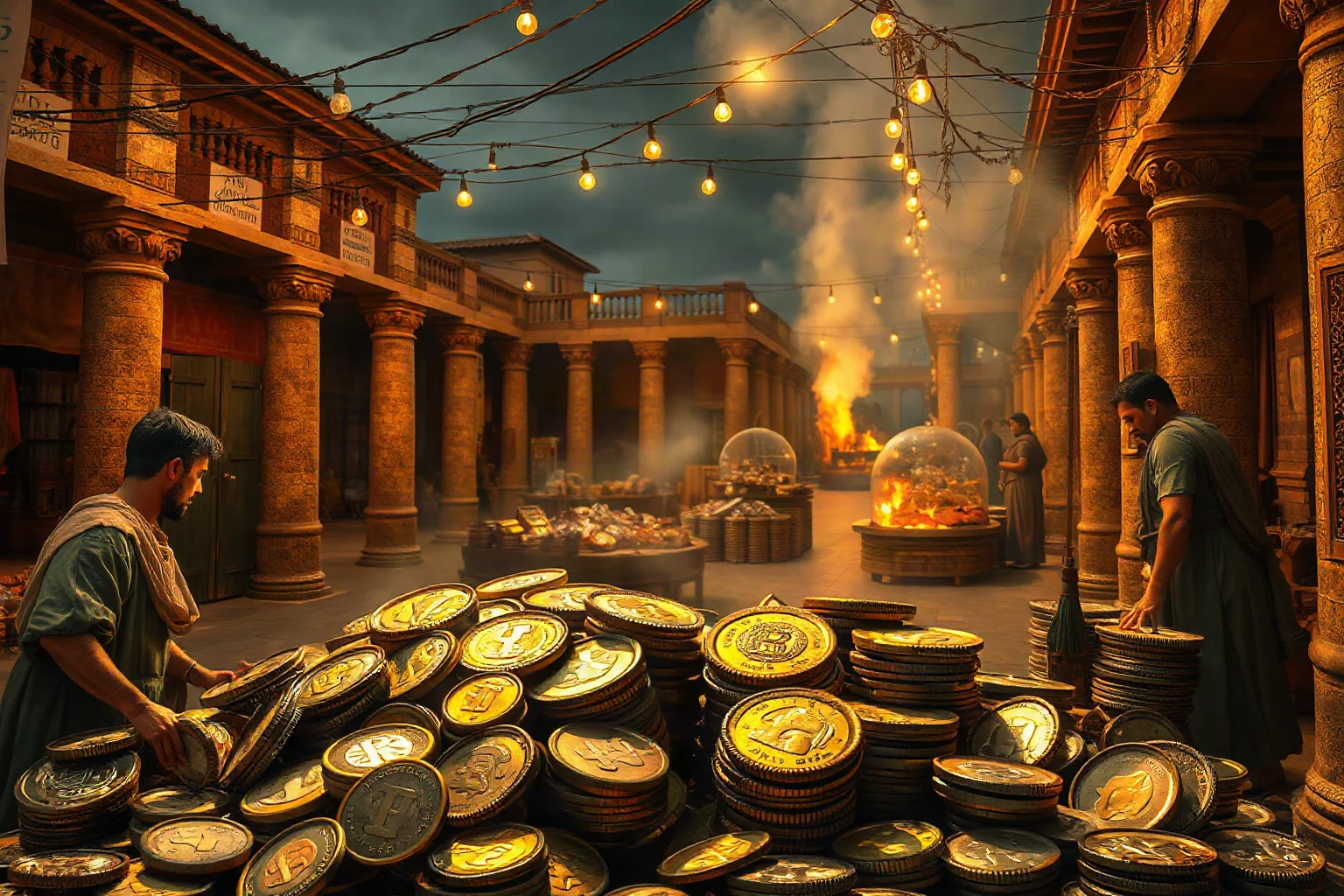 Roman marketplace showing coins being melted down and recast with reduced precious metal content, merchants noticing devalued currency