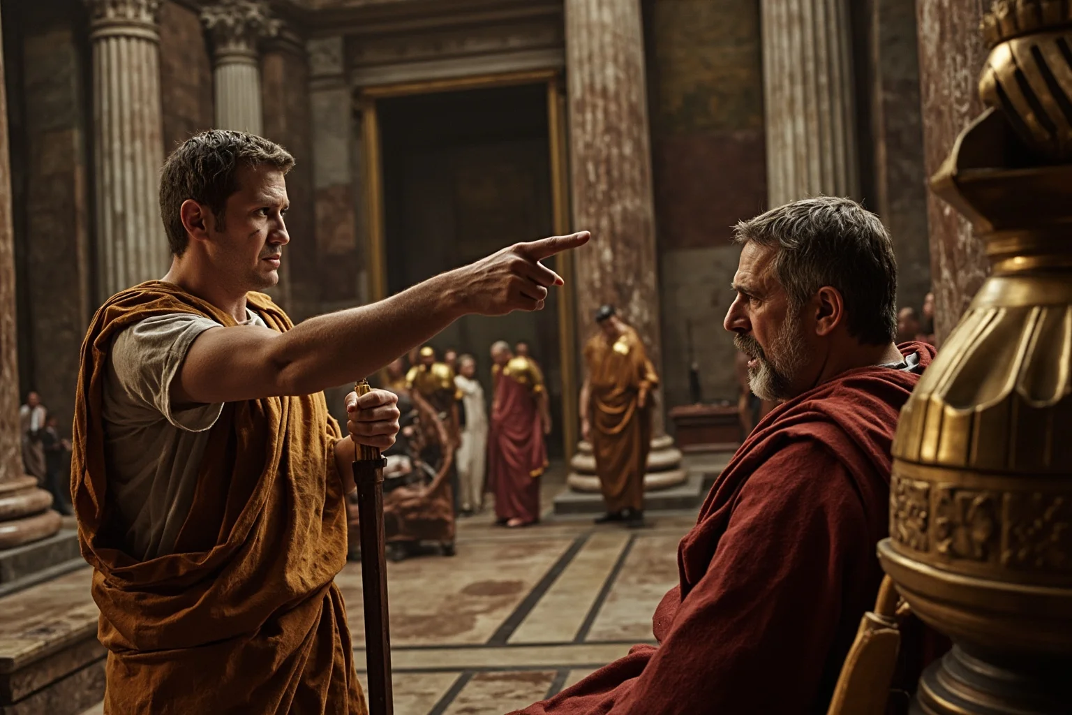 Best Insults in History: 23 Legendary Put-Downs and the Stories Behind Them 4 Roman orator pointing accusingly at a seated rival senator inside an ancient marble Senate chamber