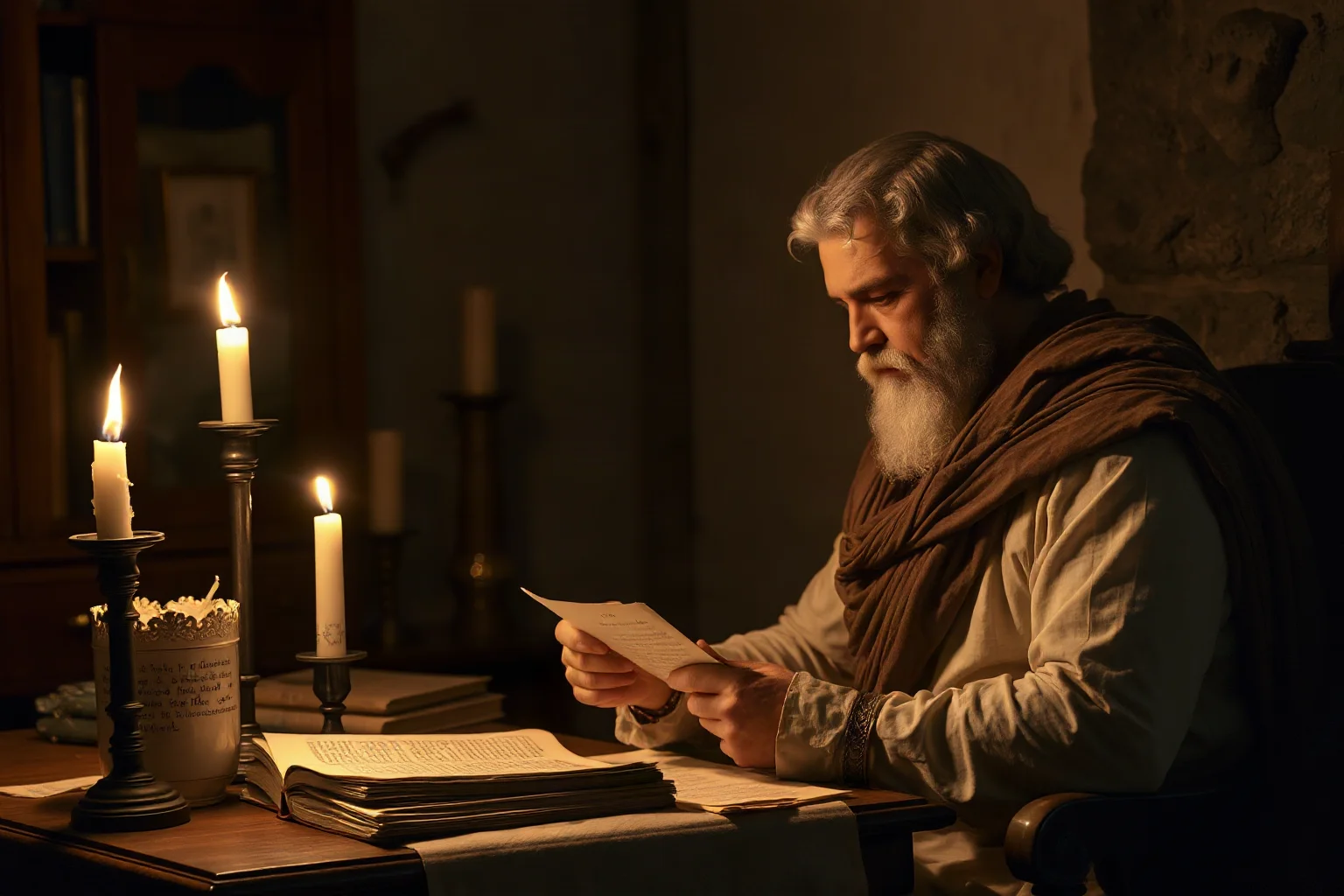 Roman philosopher and statesman writing letters by candlelight in a modest study, togas, ancient Rome setting