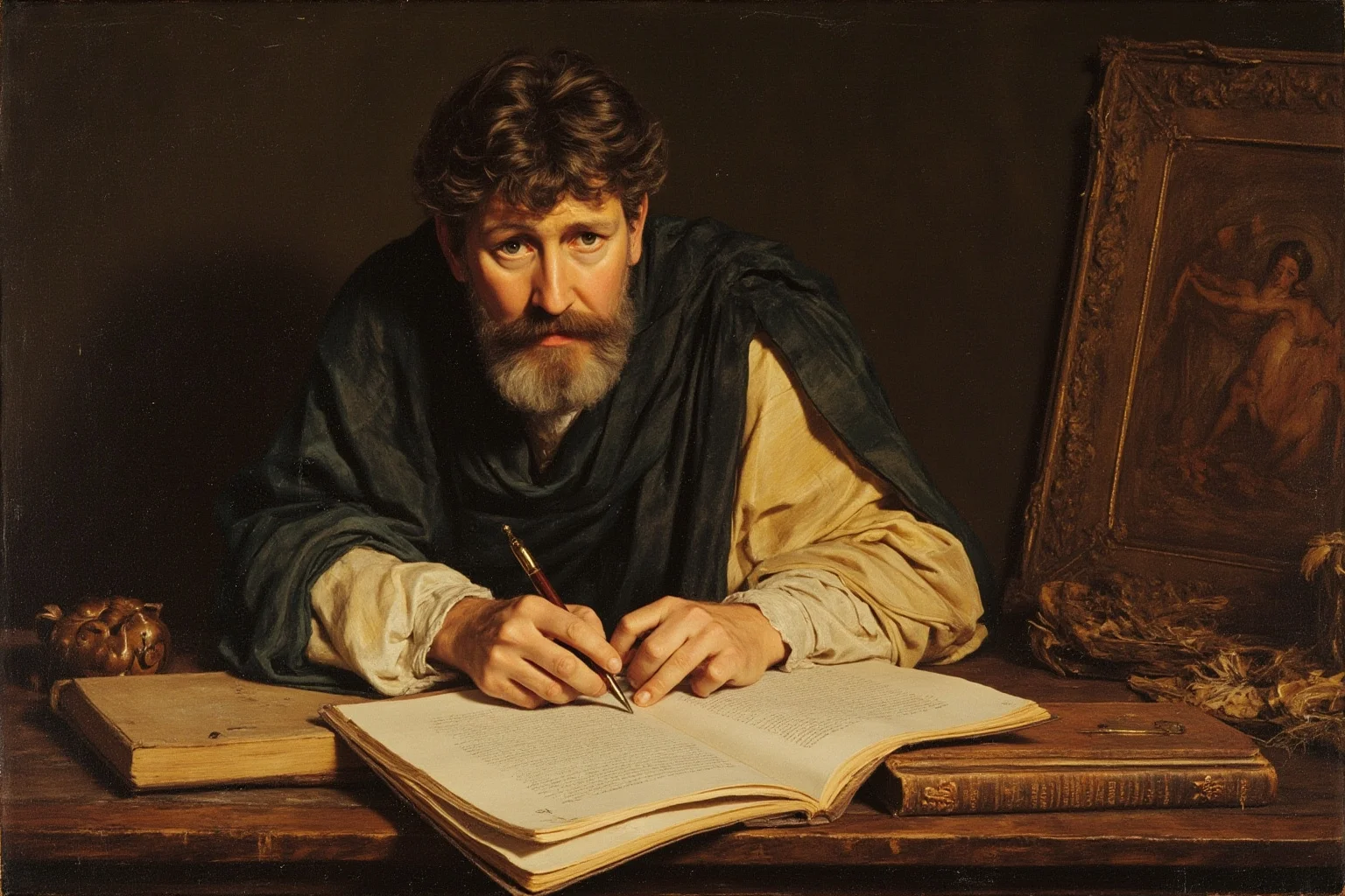 Roman poet Virgil at a writing desk with The Aeneid manuscript, with The Iliad visible nearby