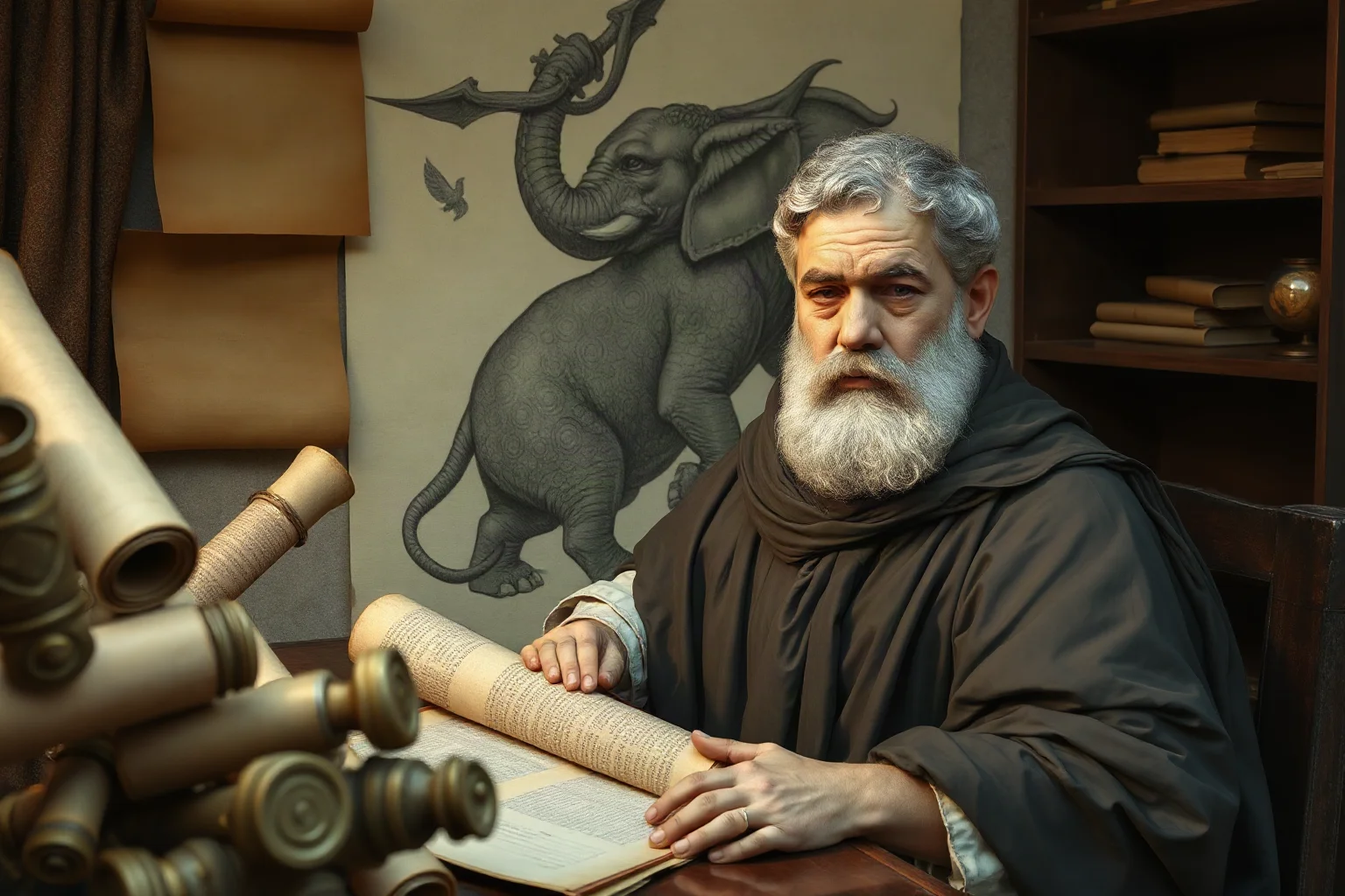 Roman scholar in a study surrounded by scrolls, with an illustration of a dragon fighting an elephant on the wall