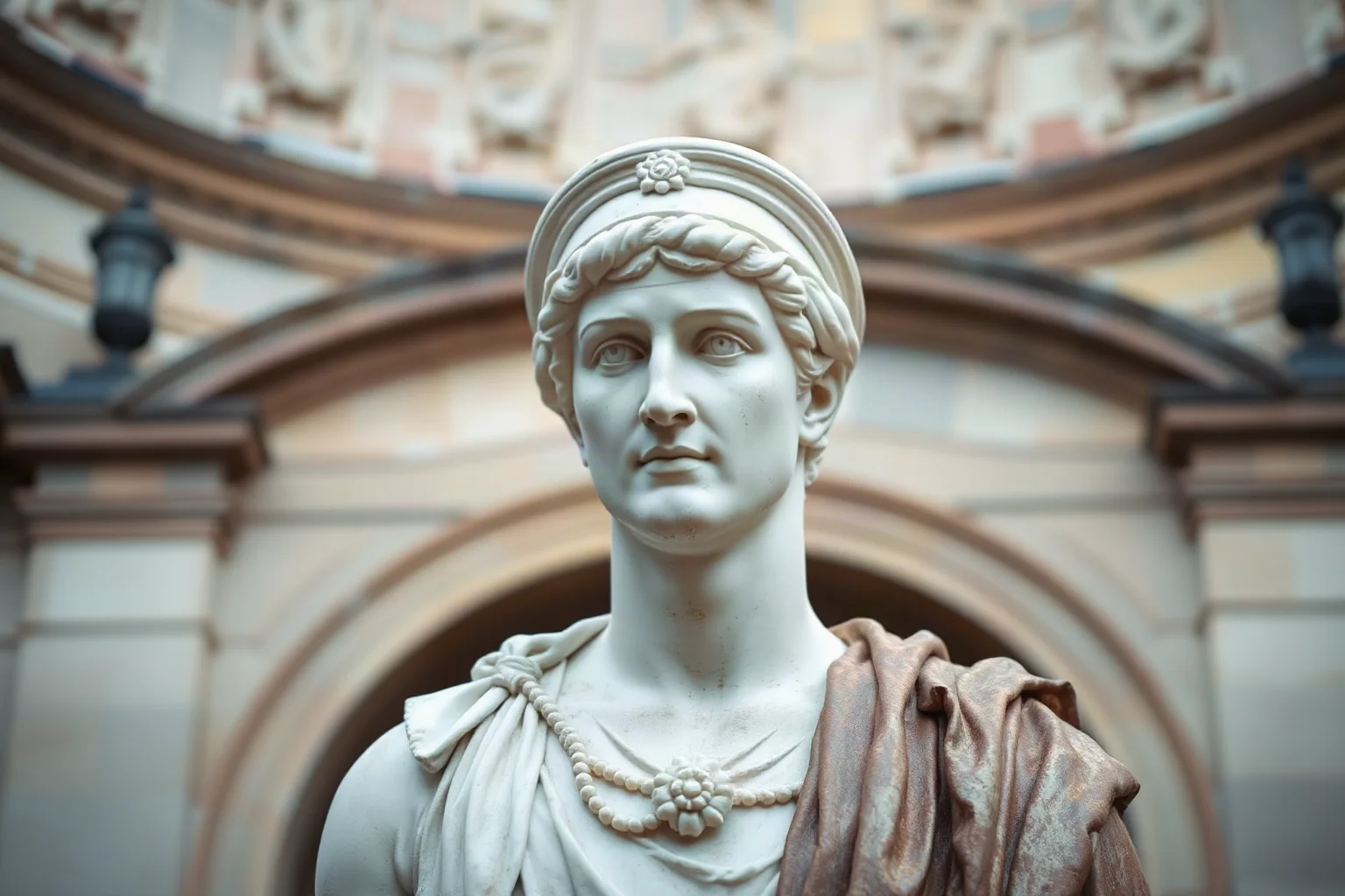 Roman senator in classical toga, marble bust sculpture, ancient Roman forum setting