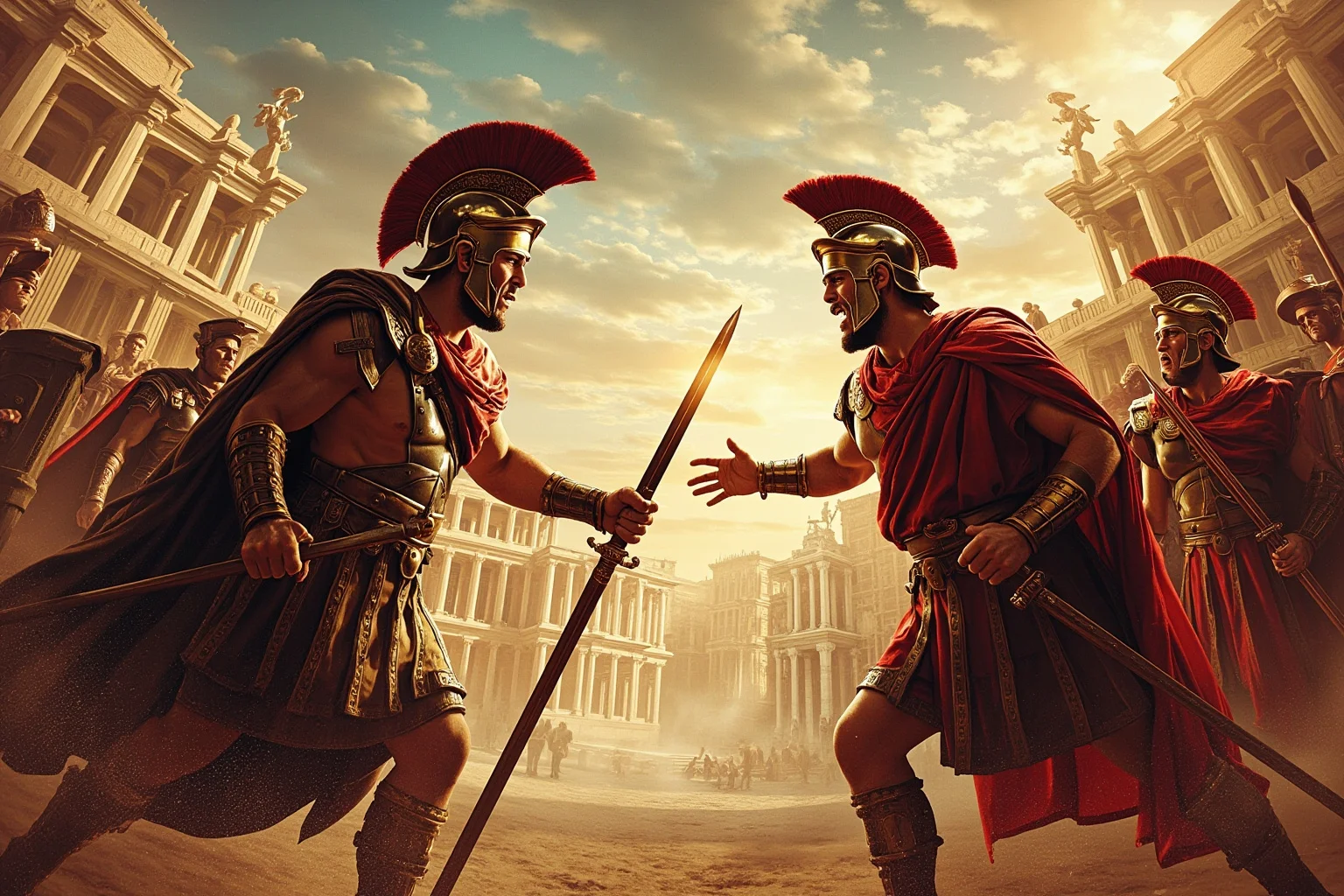 26 of History's Most Famous Rivalries 8 Roman senators and generals in togas facing off in a tense standoff, illustrated style