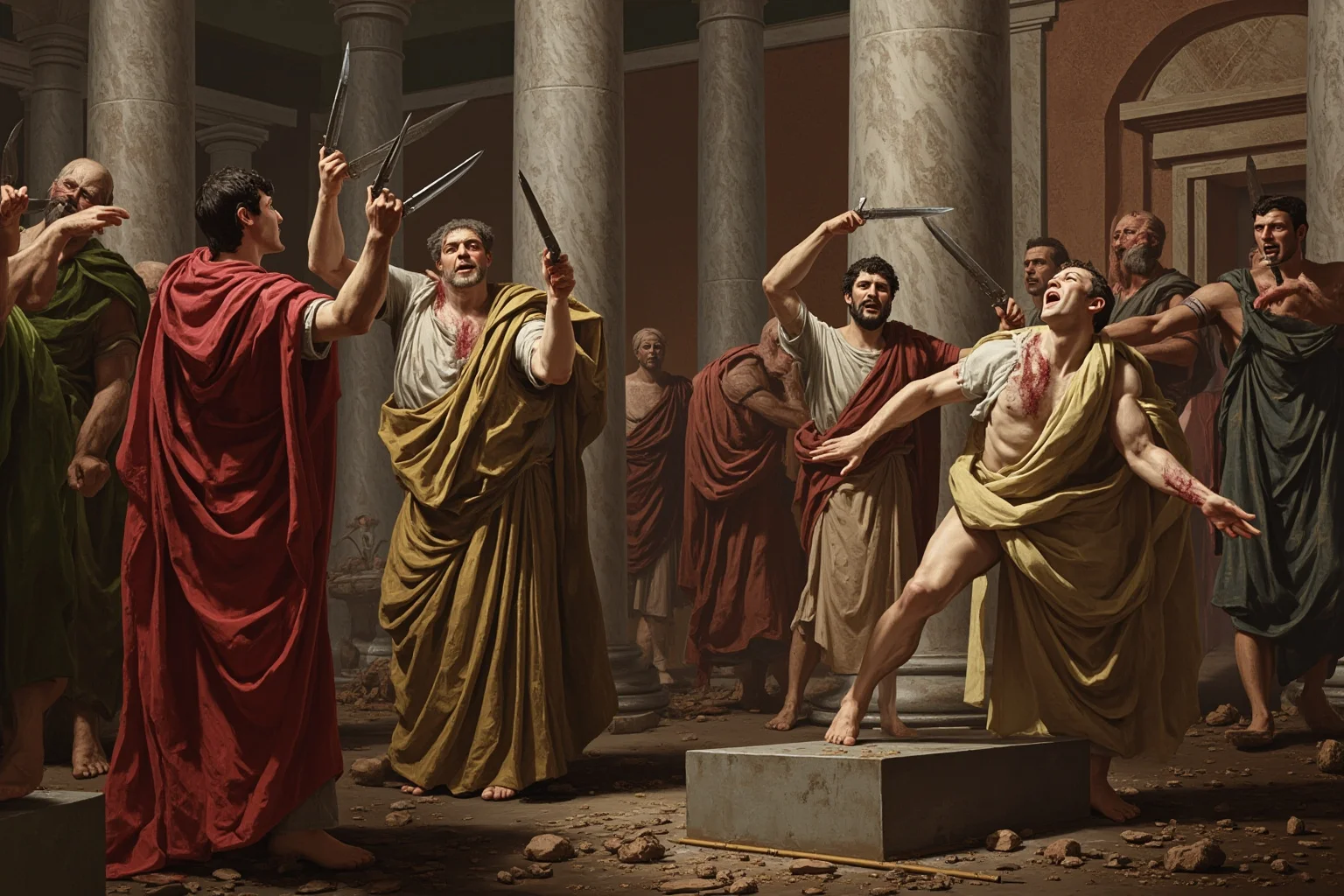 The Most Shameless Traitors of All Time 4 Roman senators in togas in the Senate chamber, one figure stabbed by multiple daggers, marble columns and chaos