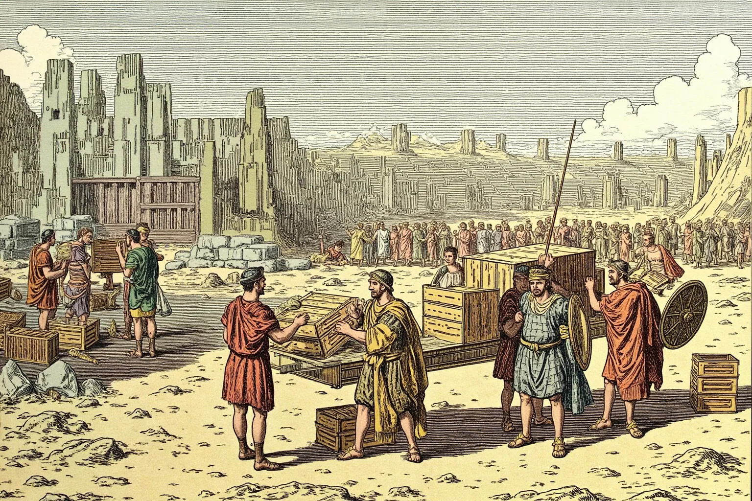 Roman soldiers unloading crates of treasure near an amphitheater construction site, historical illustration