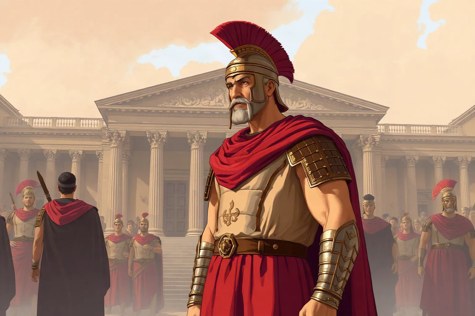 Roman statesman-general in a toga and armor standing before the Roman Senate, illustrative historical style