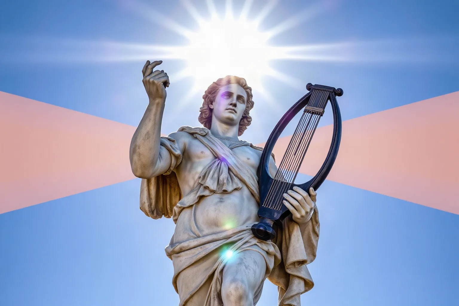 Roman statue of Apollo holding a lyre with sun rays in the background, classical sculpture style