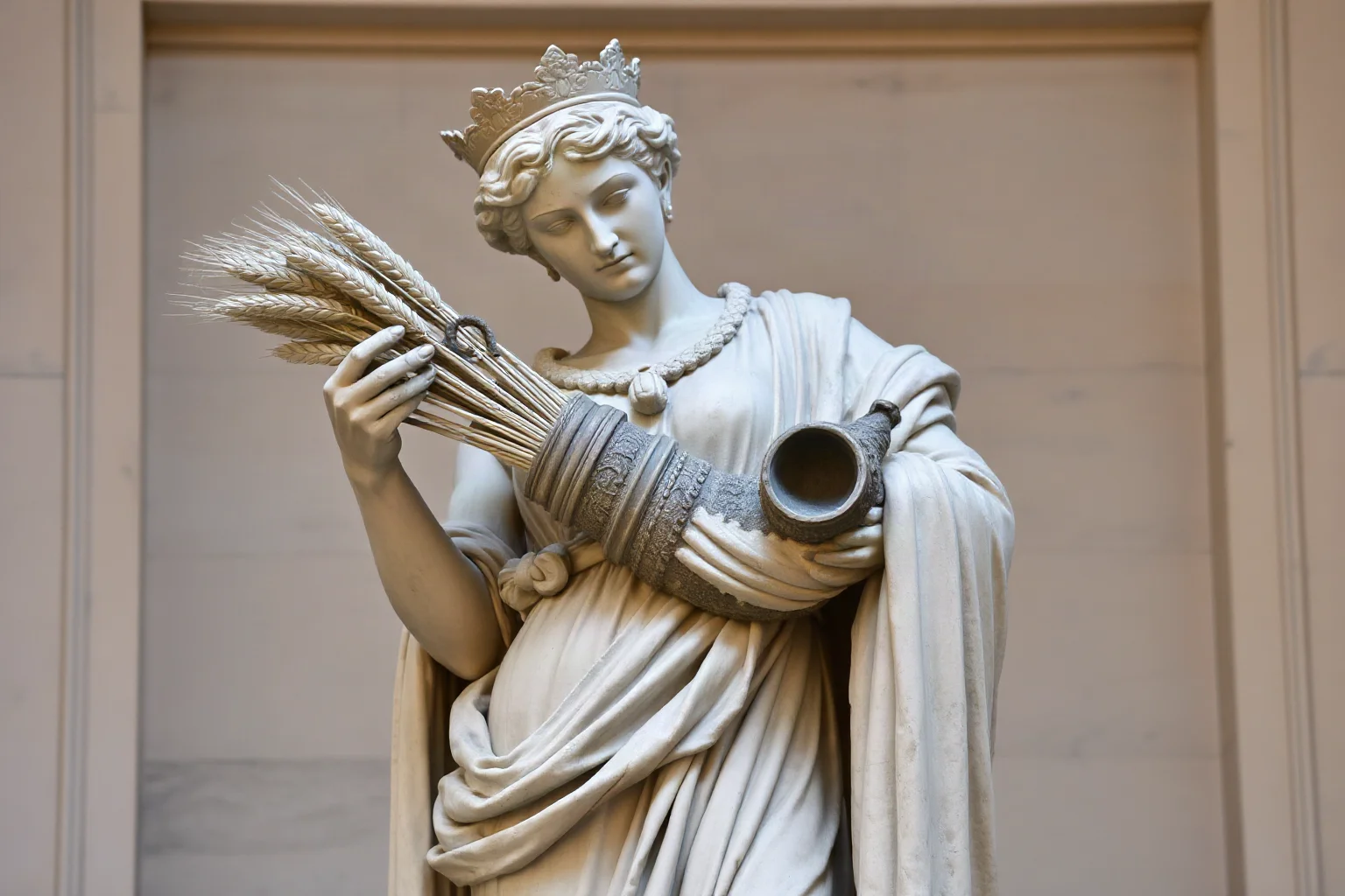 Roman statue of Ceres holding a sheaf of wheat and a cornucopia, classical sculpture style