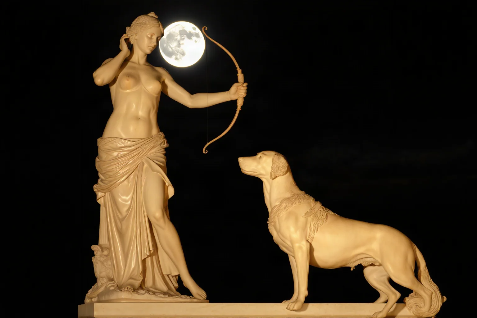 Roman statue of Diana holding a bow with a hunting dog beside her, moonlit classical sculpture style