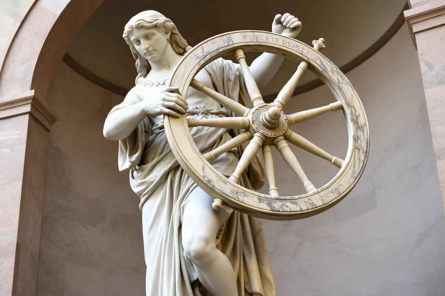 Roman statue of Fortuna holding a large wheel, classical marble sculpture style