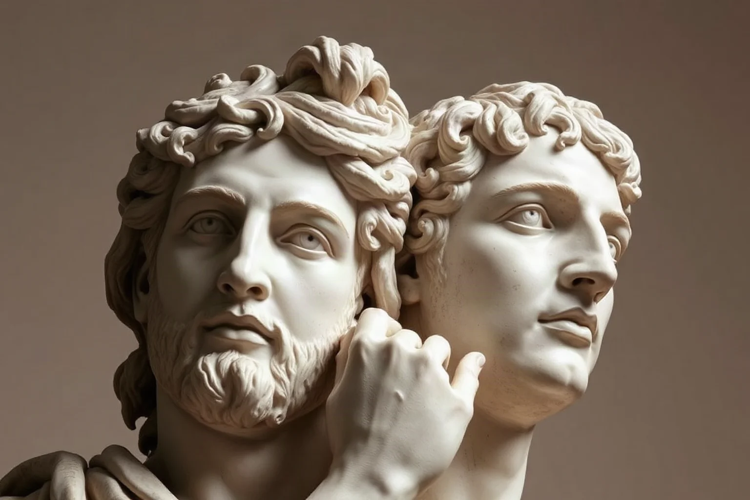 Roman statue of Janus with two faces looking in opposite directions, classical sculpture style
