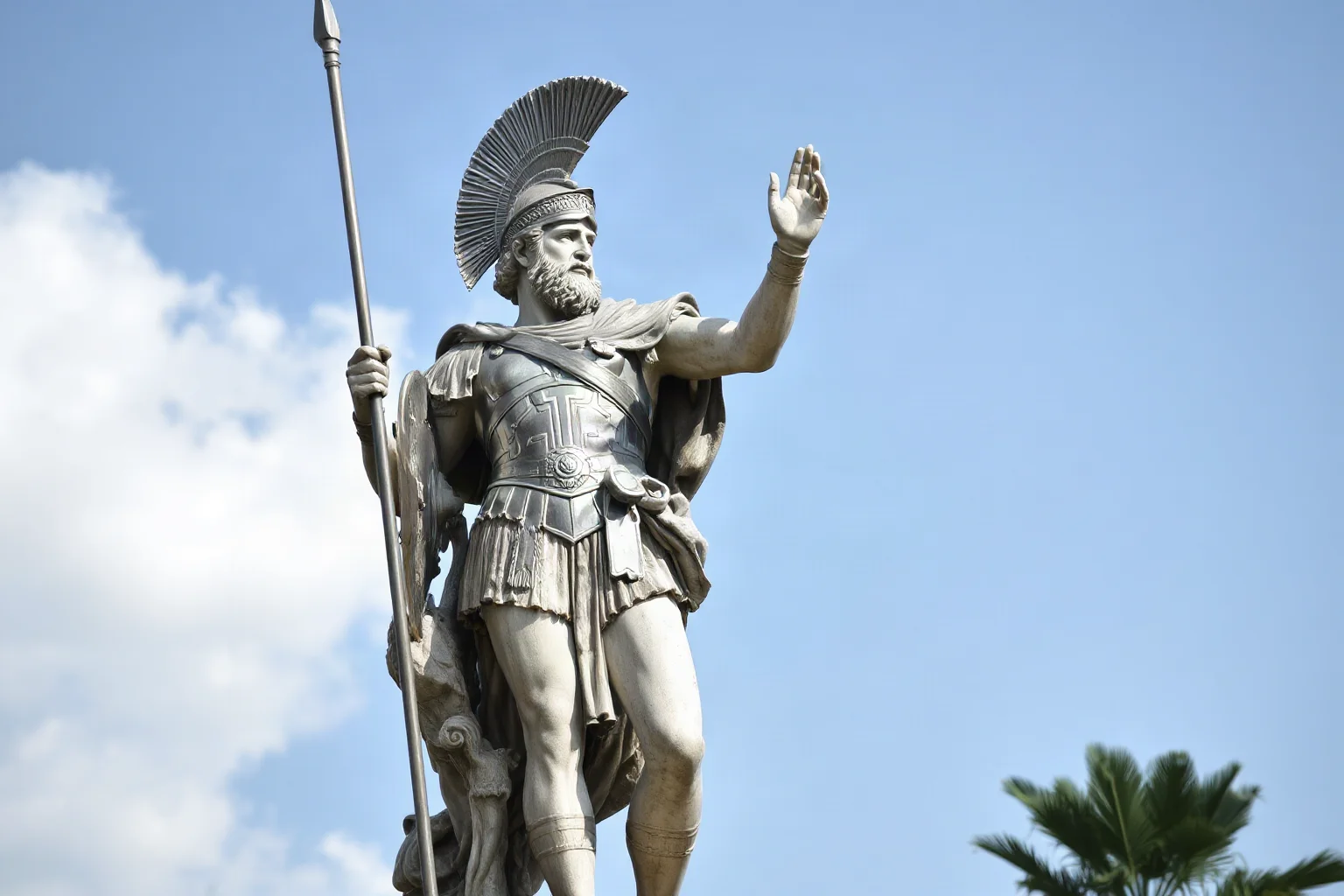 Roman statue of Mars in full armor holding a spear and shield, classical marble sculpture style