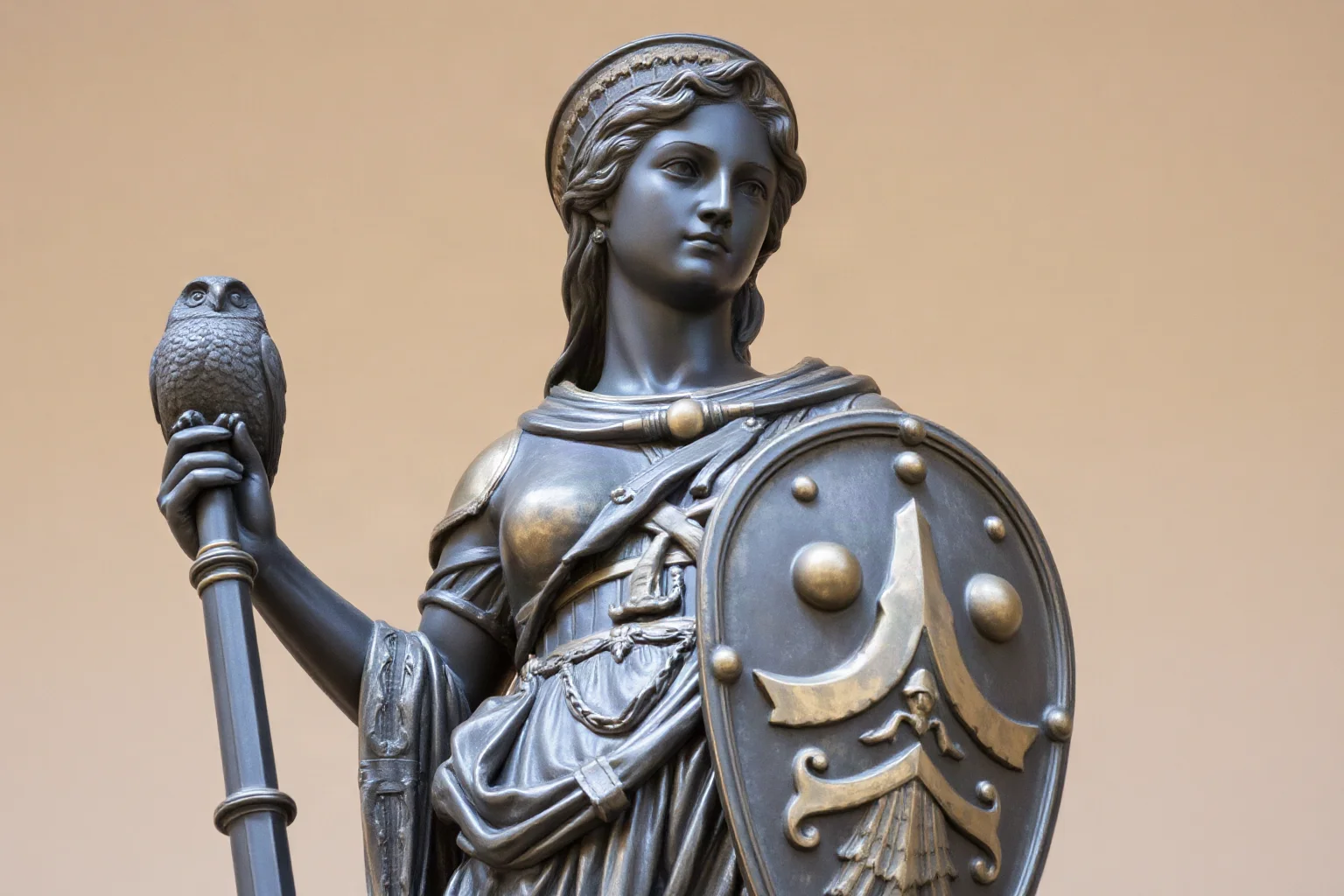 Roman statue of Minerva in armor holding a shield with an owl beside her, classical sculpture style