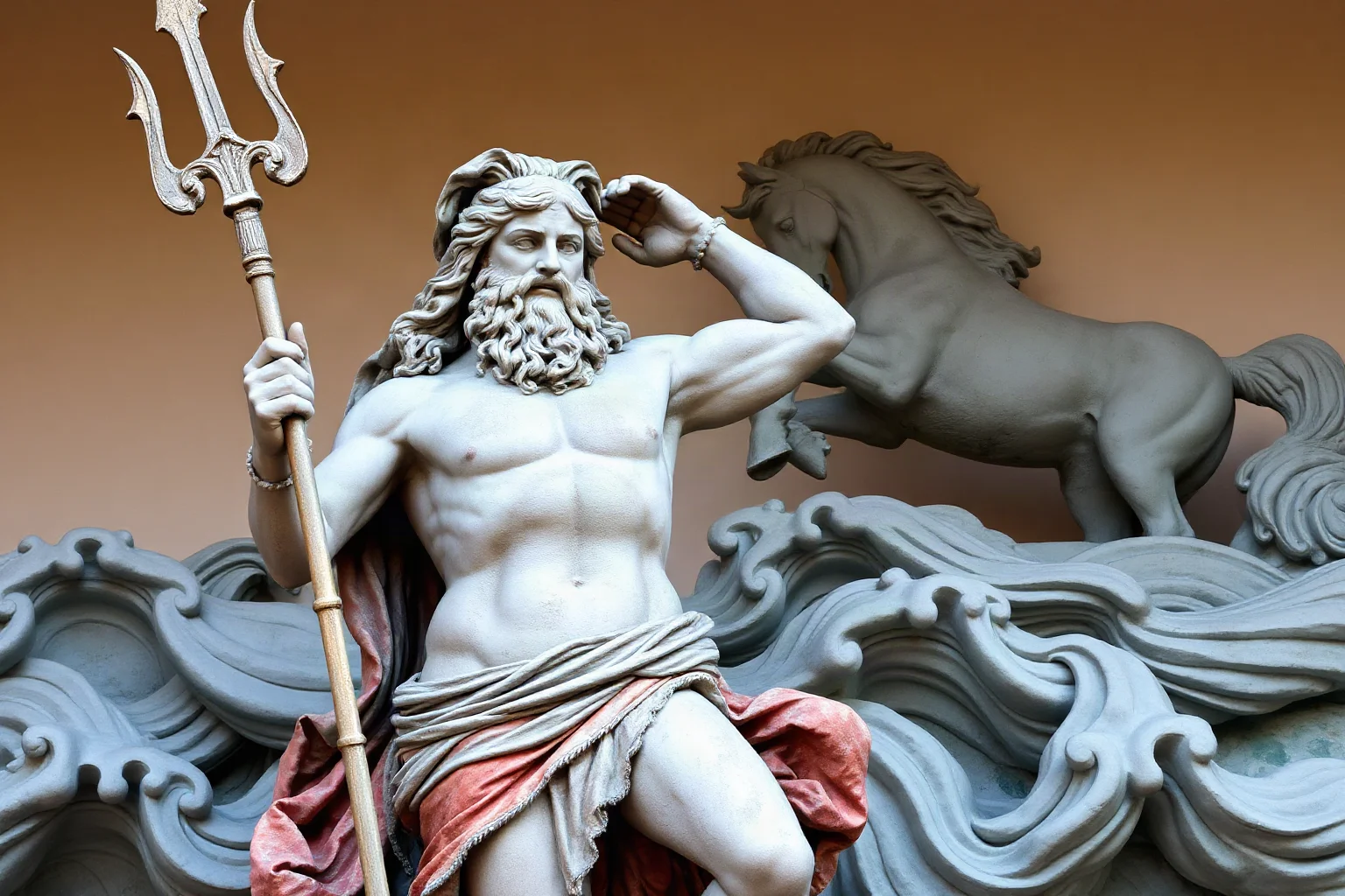 Roman statue of Neptune holding a trident with waves and a horse in the background, classical art style