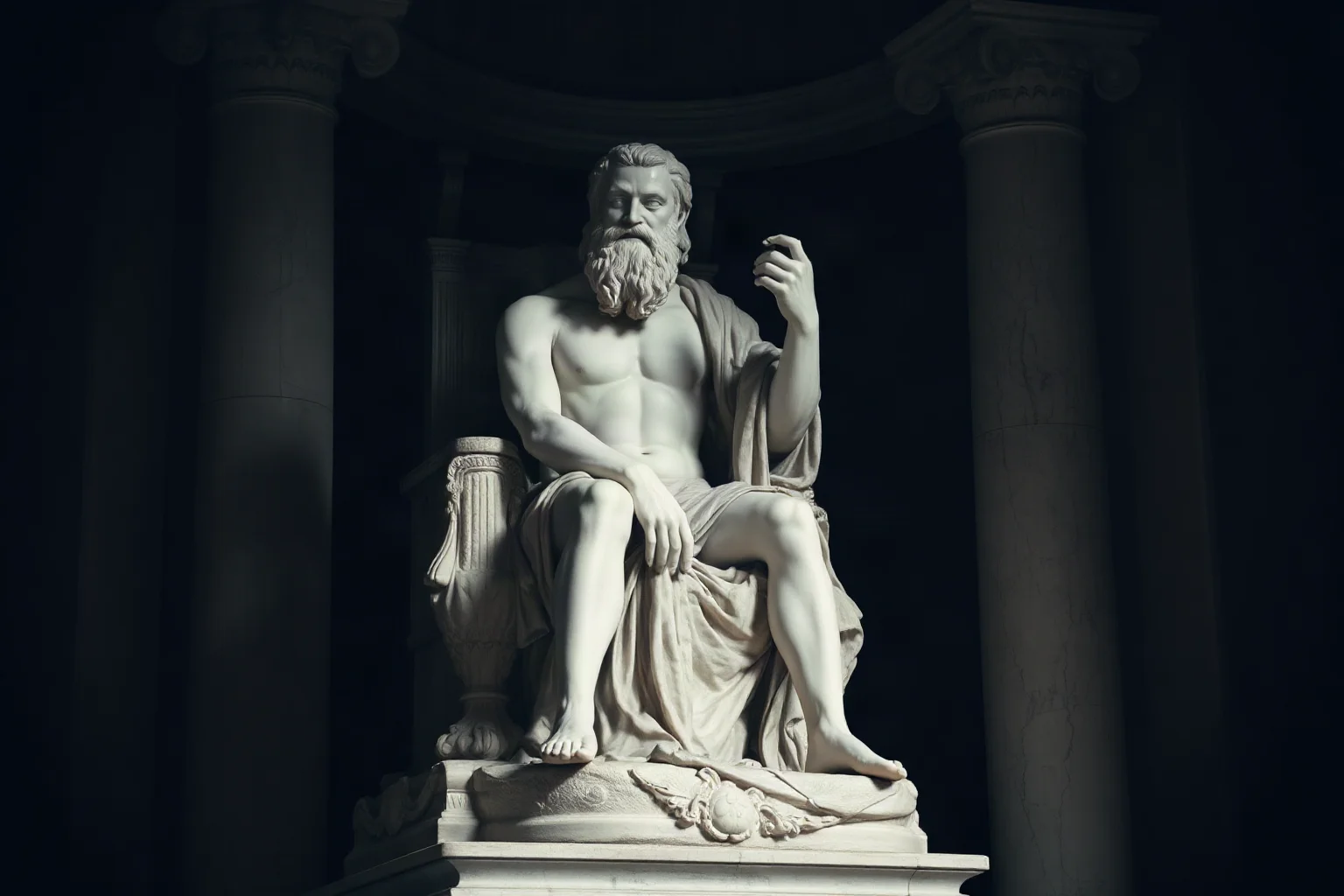 Roman statue of Pluto seated on a dark throne in the underworld, classical marble sculpture style