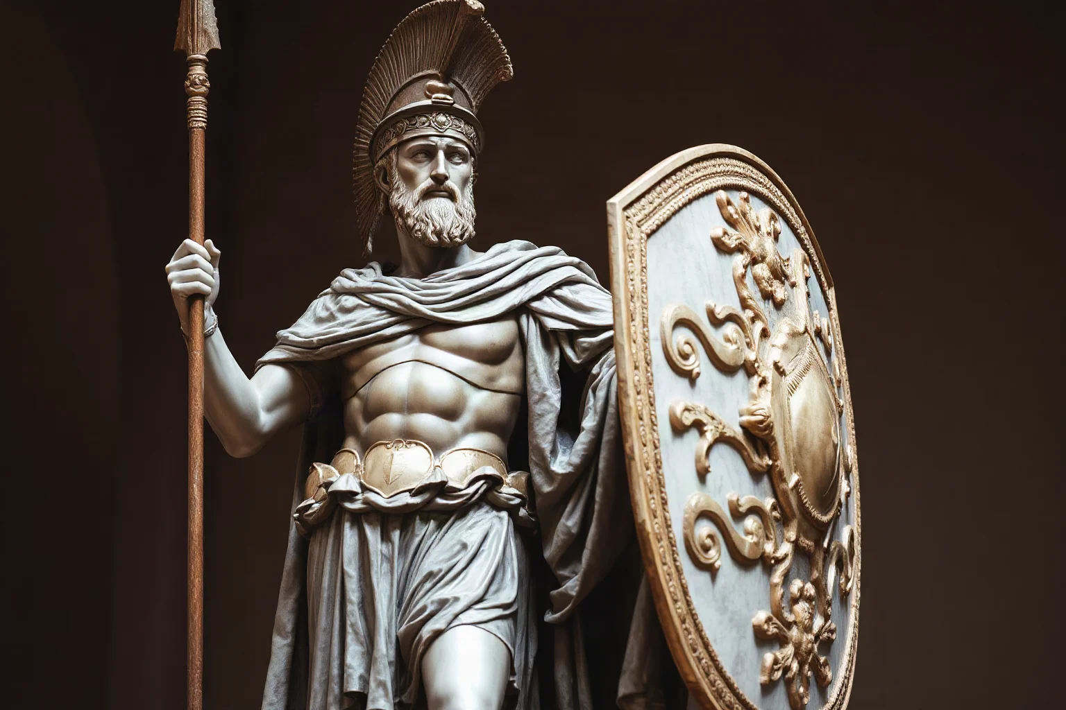 Roman statue of Roma in armor holding a spear and shield, classical marble sculpture style