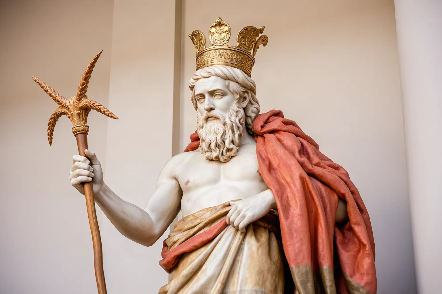 Roman statue of Saturn holding a sickle with harvest imagery, classical sculpture style