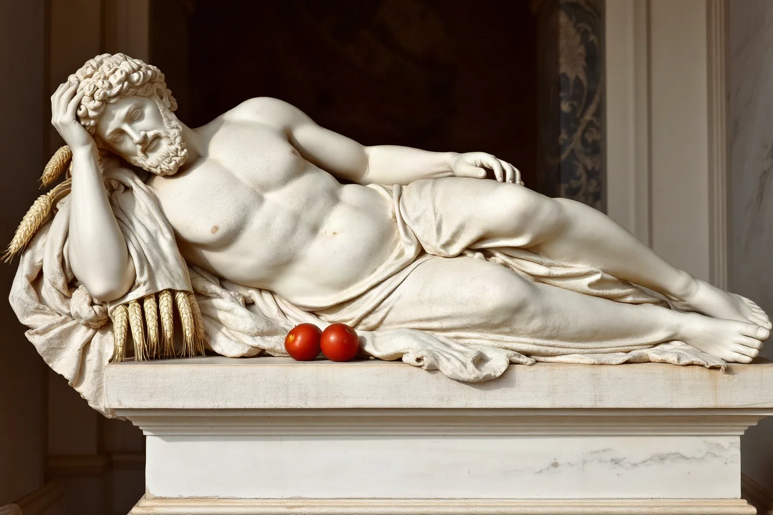 Roman statue of Tellus reclining with sheaves of grain and fruit, classical sculpture style