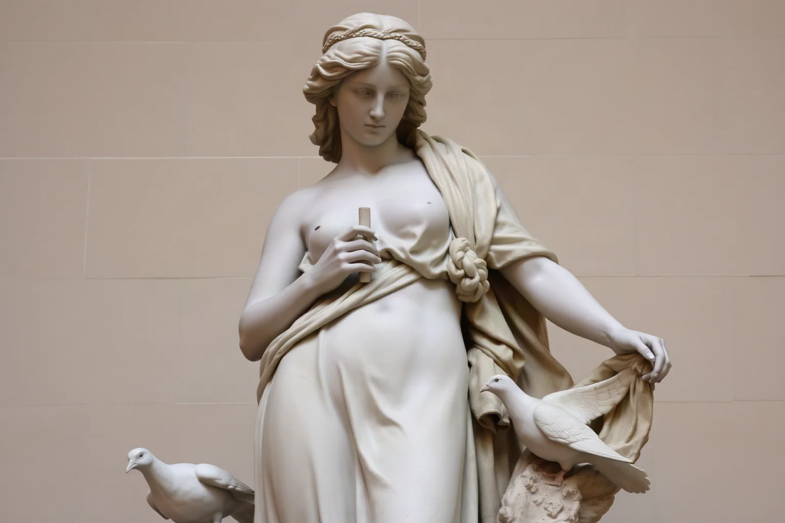 Roman statue of Venus in flowing robes with doves nearby, classical marble sculpture style