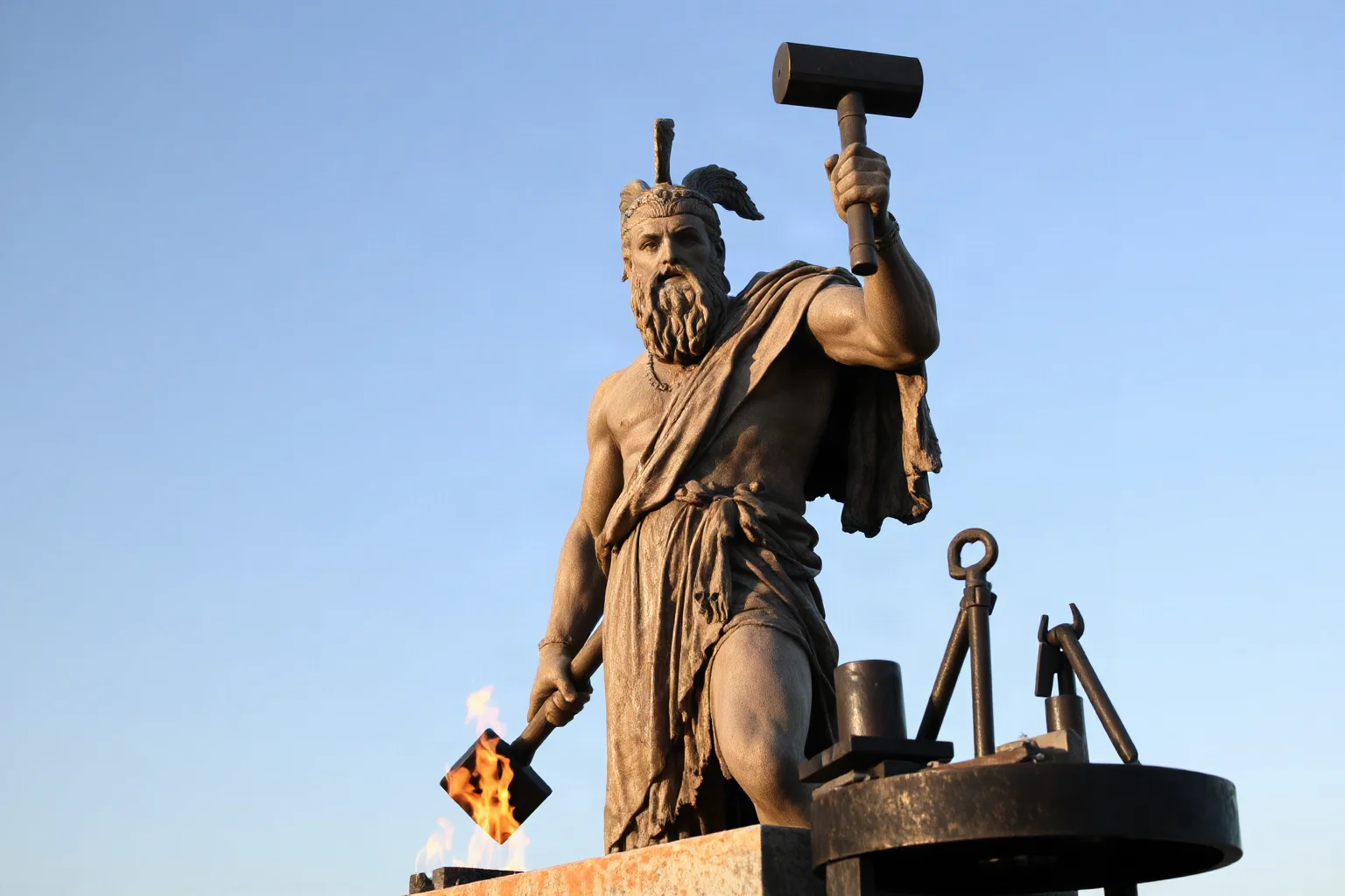 Roman statue of Vulcan at a forge holding a hammer, fire and metal tools nearby, classical art style