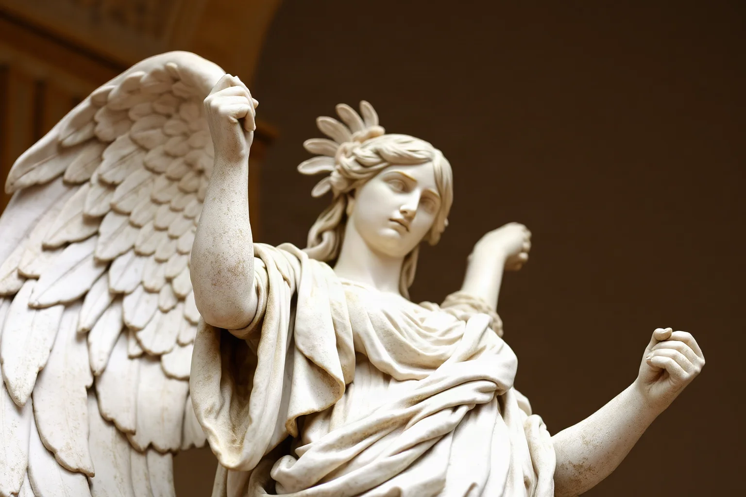 Roman statue of winged Victoria holding a laurel wreath, classical marble sculpture style