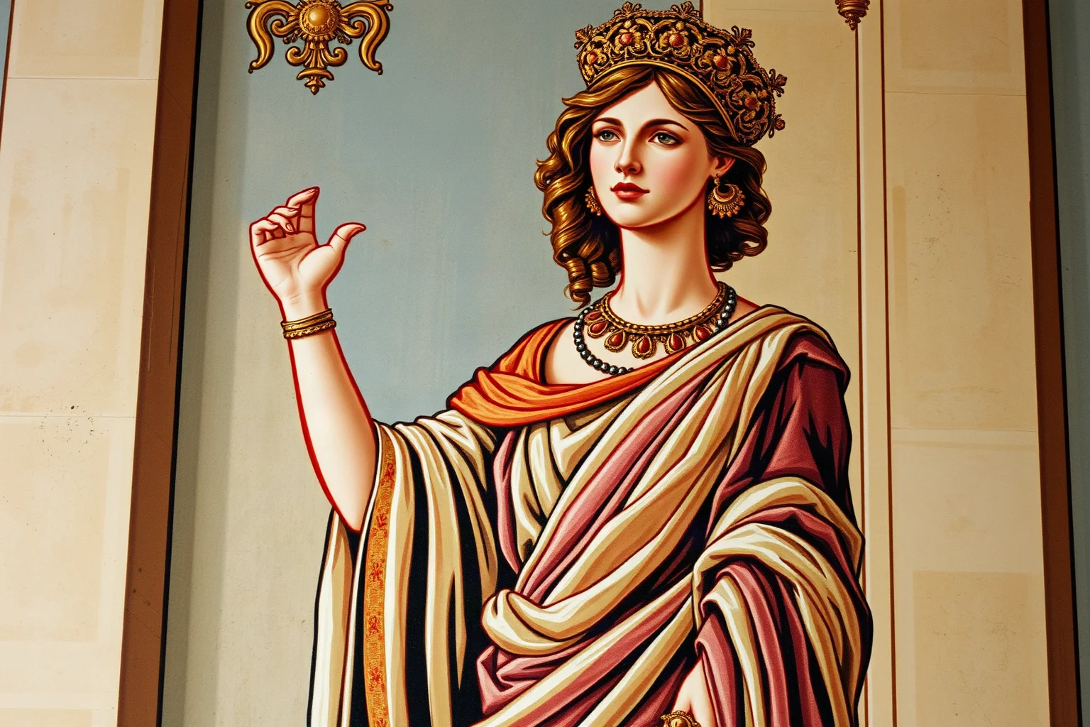Roman-style fresco illustration of an elegant woman in an imperial toga with gold jewelry in an ancient Roman palace