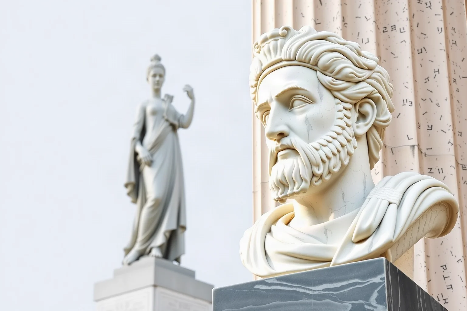 Roman-style marble bust illustration of an emperor beside a memorial statue, classical column backdrop