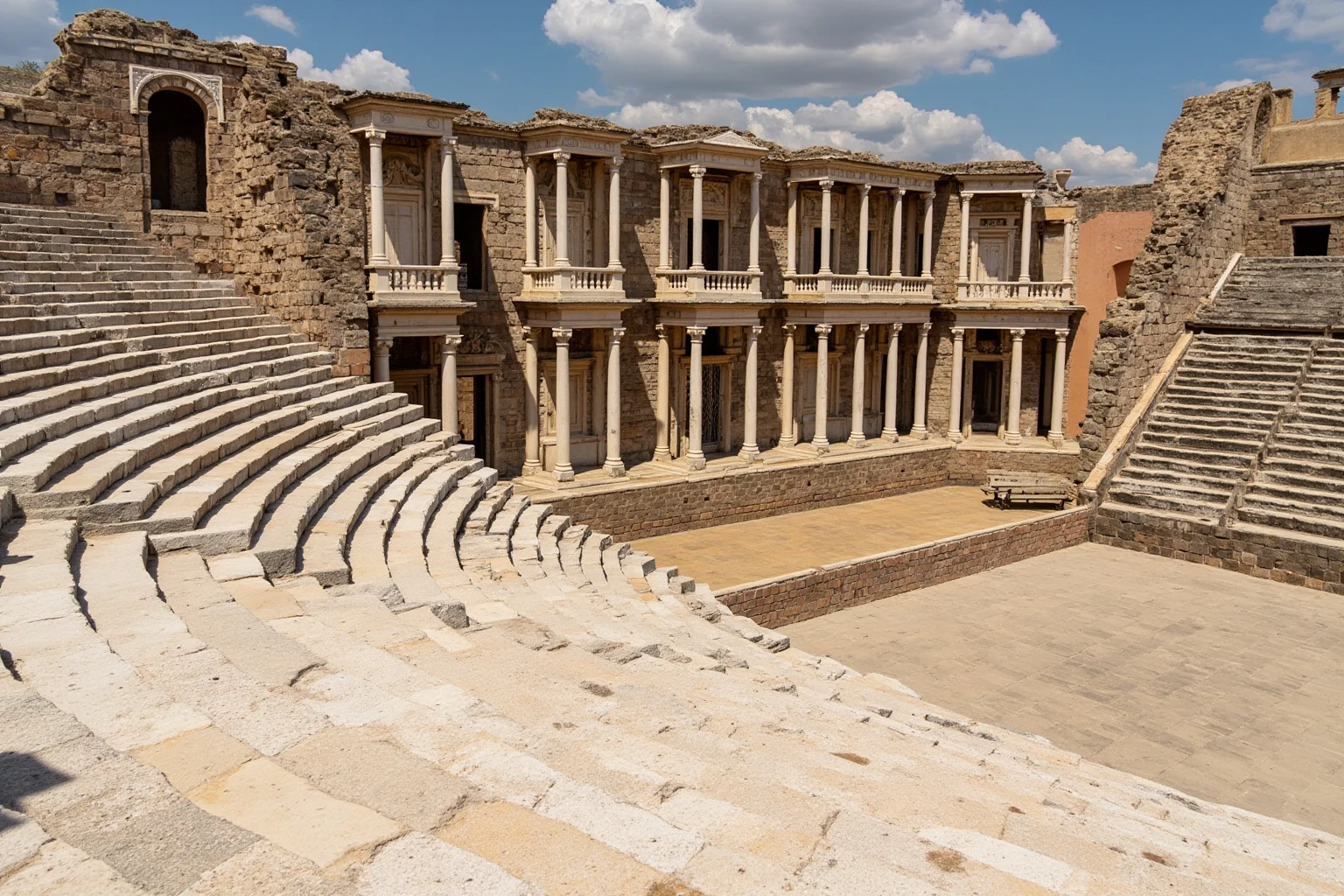 Roman theatre of Merida in Spain with tiered stone seating and classical columned stage backdrop