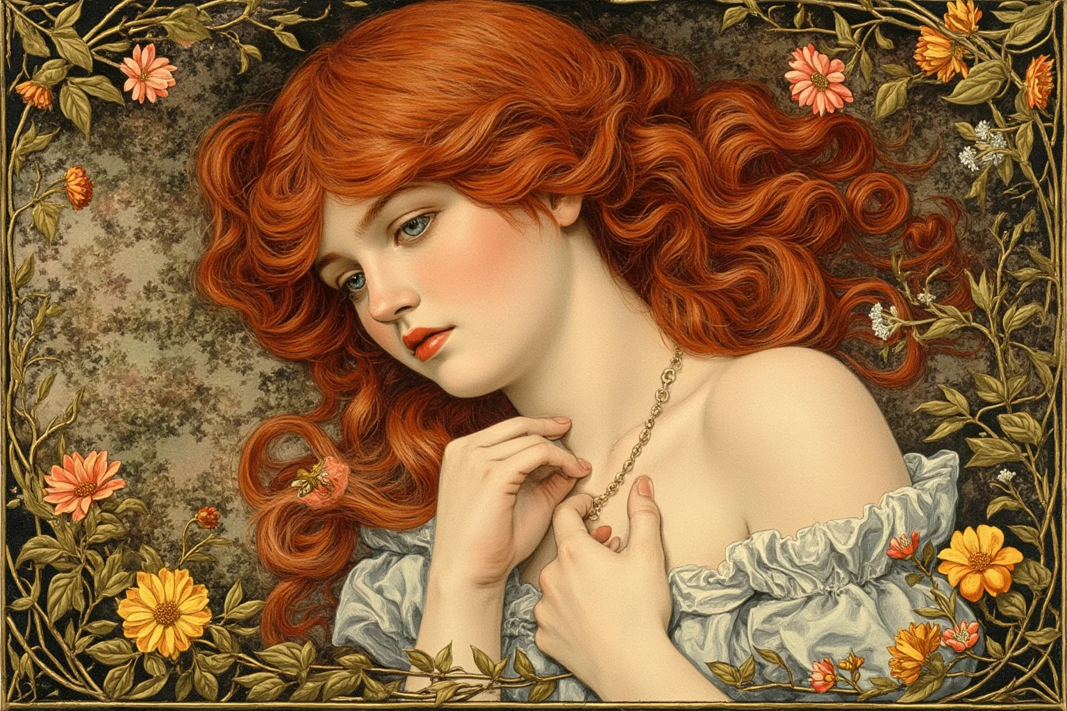 Romantic 19th-century painting style illustration of a red-haired woman surrounded by flowers, Pre-Raphaelite inspired