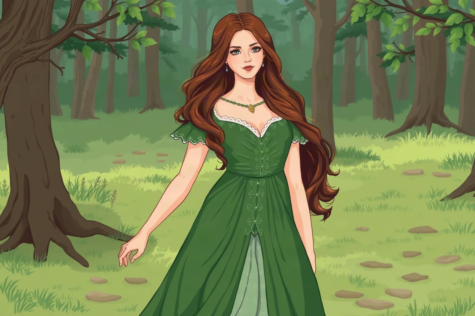 Romantic medieval illustration style woman in a green gown standing in a forest clearing