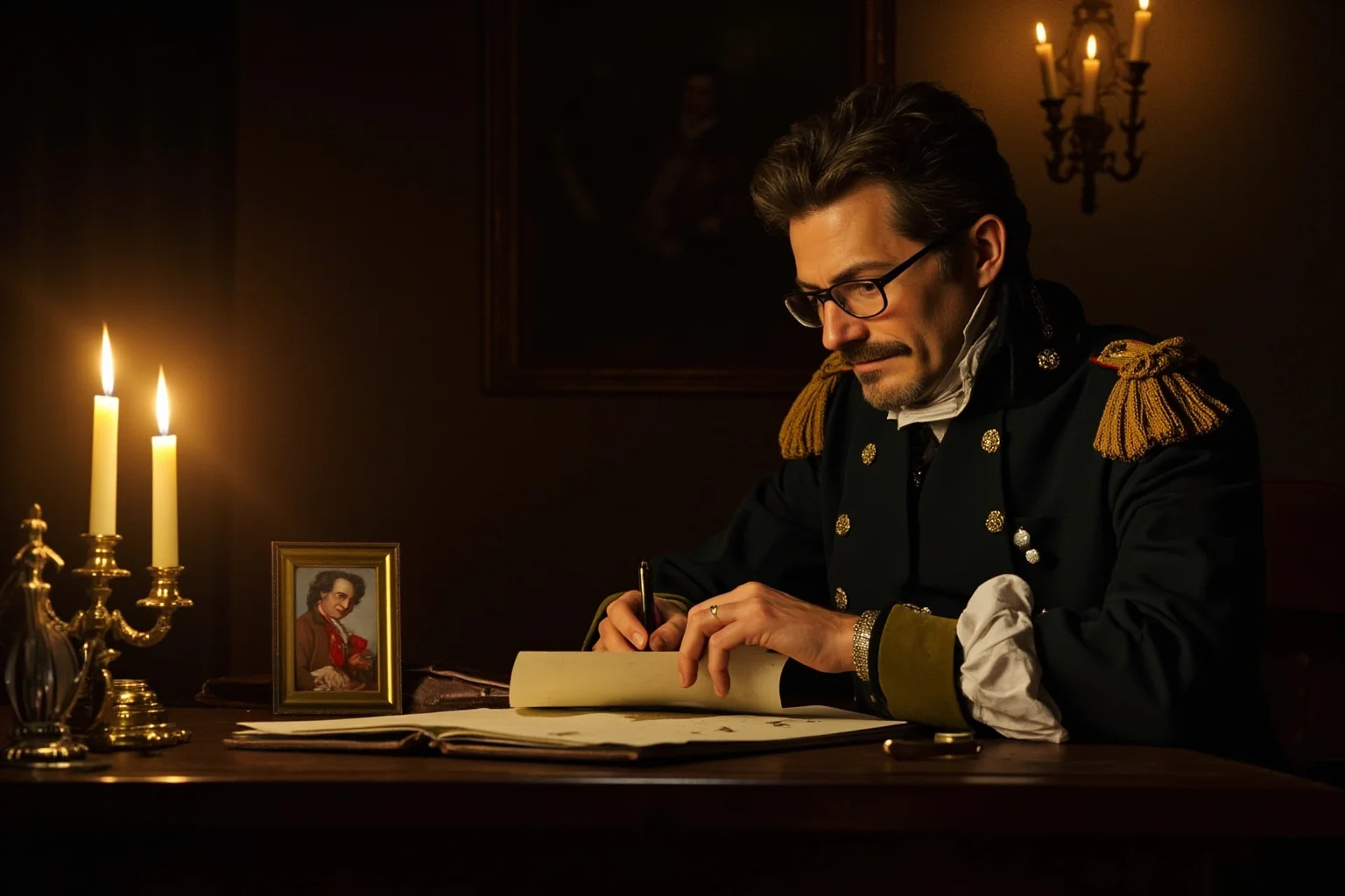 The 22 Greatest Love Stories in History 2 Romantic oil-painting style scene of an 18th-century military general in uniform writing a letter by candlelight, a locket portrait on the desk