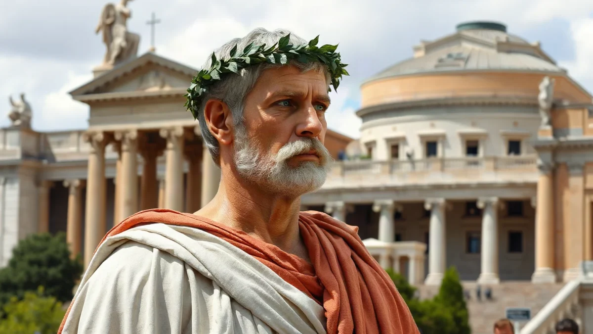 A dignified middle-aged Roman emperor in white marble toga and laurel wreath, standing before the Roman Senate with architectural monuments of the Pax Romana visible in the background