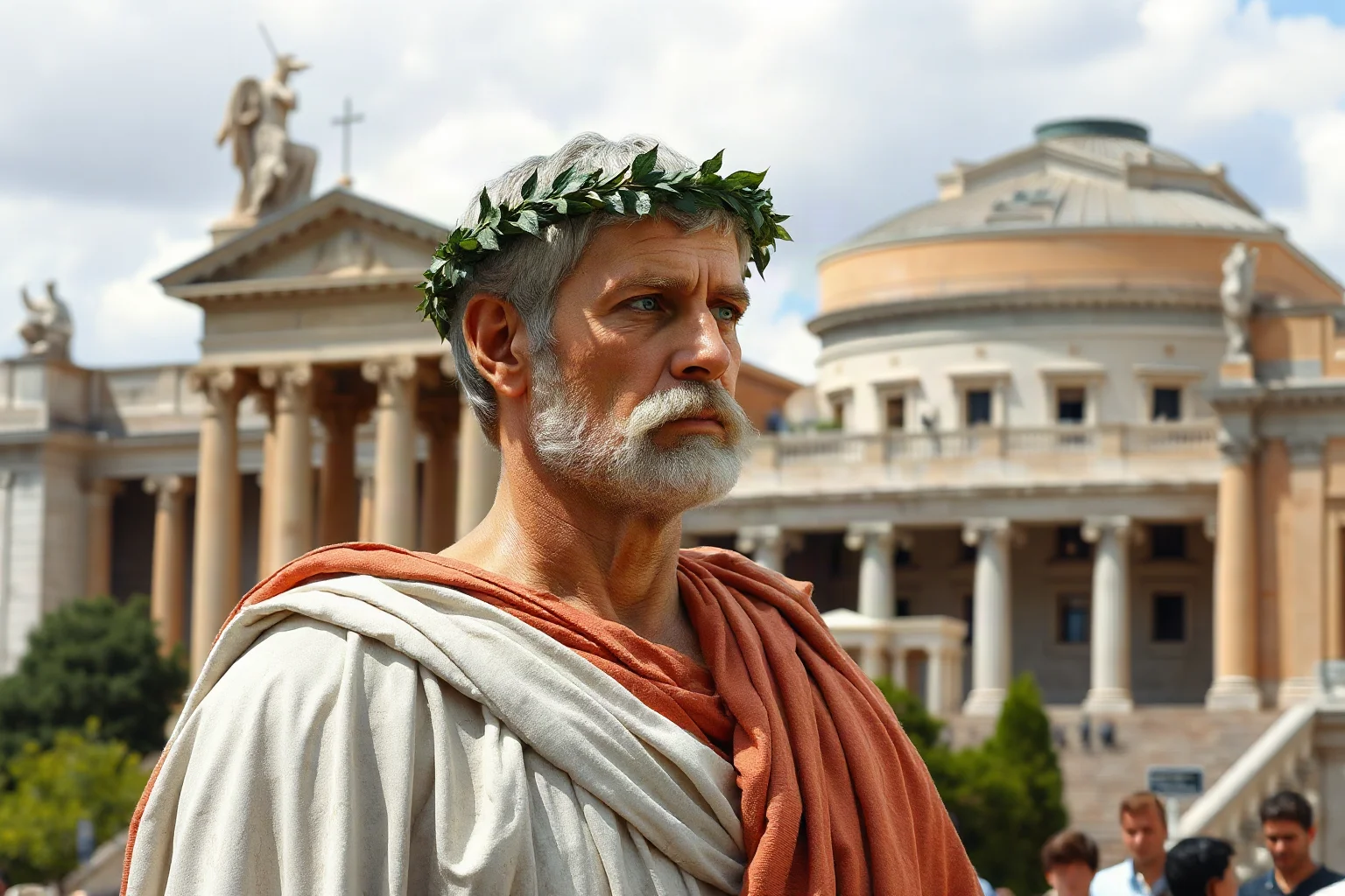 A dignified middle-aged Roman emperor in white marble toga and laurel wreath, standing before the Roman Senate with architectural monuments of the Pax Romana visible in the background