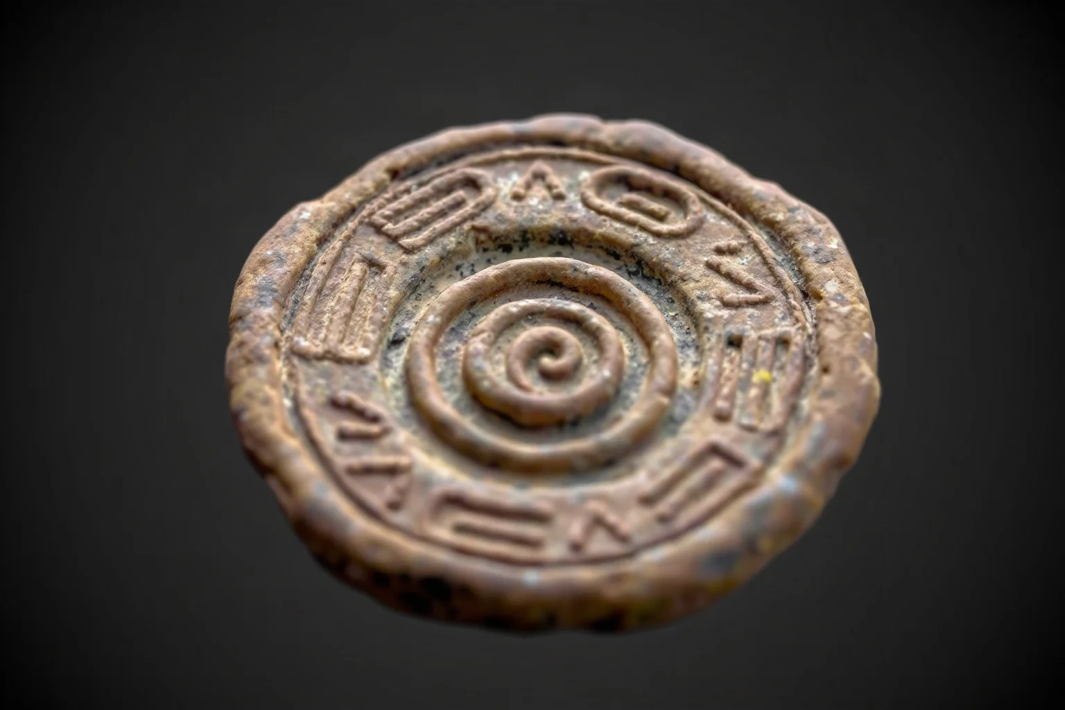 Round fired-clay disc stamped with spiral rows of unknown ancient symbols