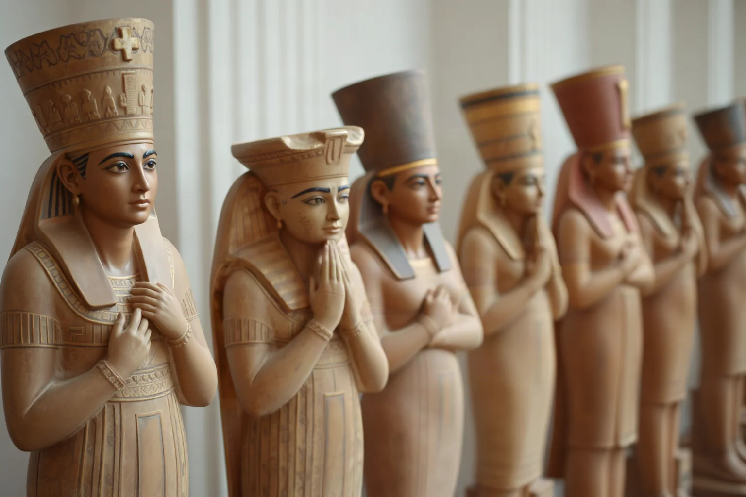 Row of ancient Egyptian statues depicting different female rulers in royal dress