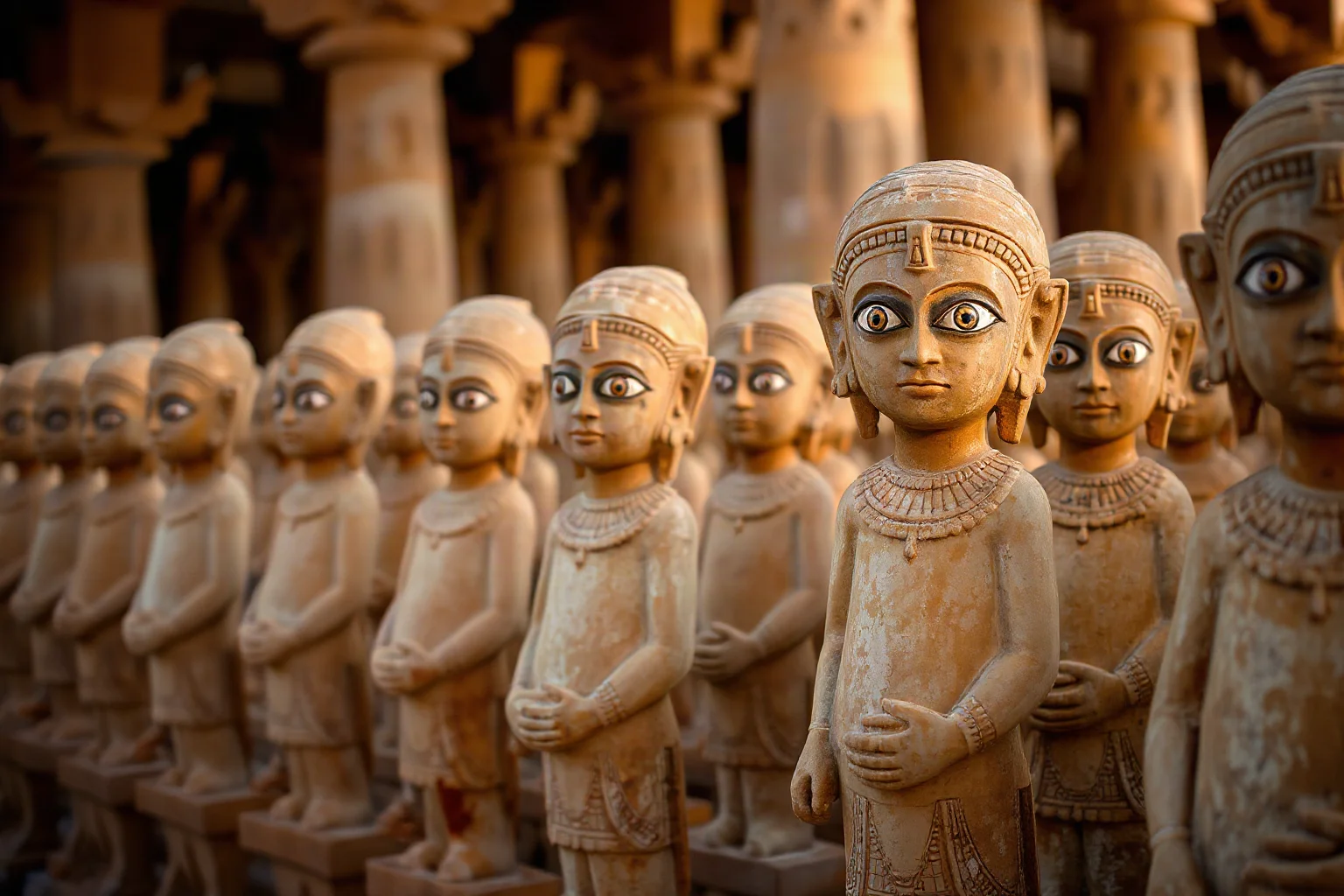 Row of small gypsum statues with oversized inlaid eyes standing upright in an ancient temple setting
