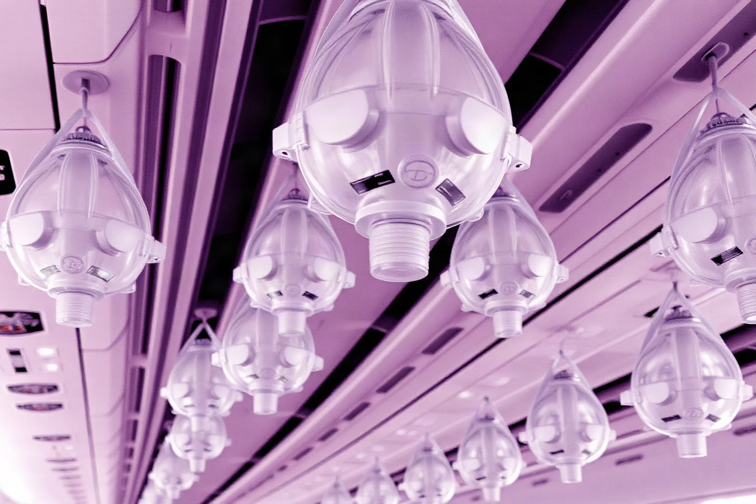 Rows of airplane oxygen masks dangling down from an aircraft cabin ceiling