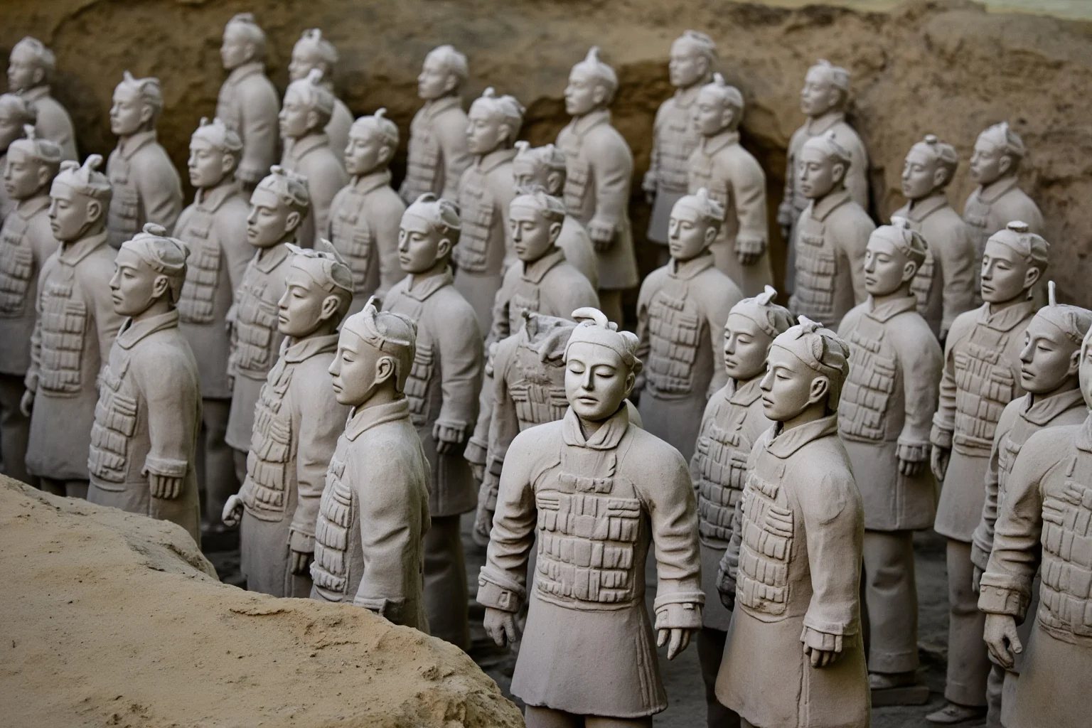 Rows of ancient terracotta soldier statues standing in an excavated pit