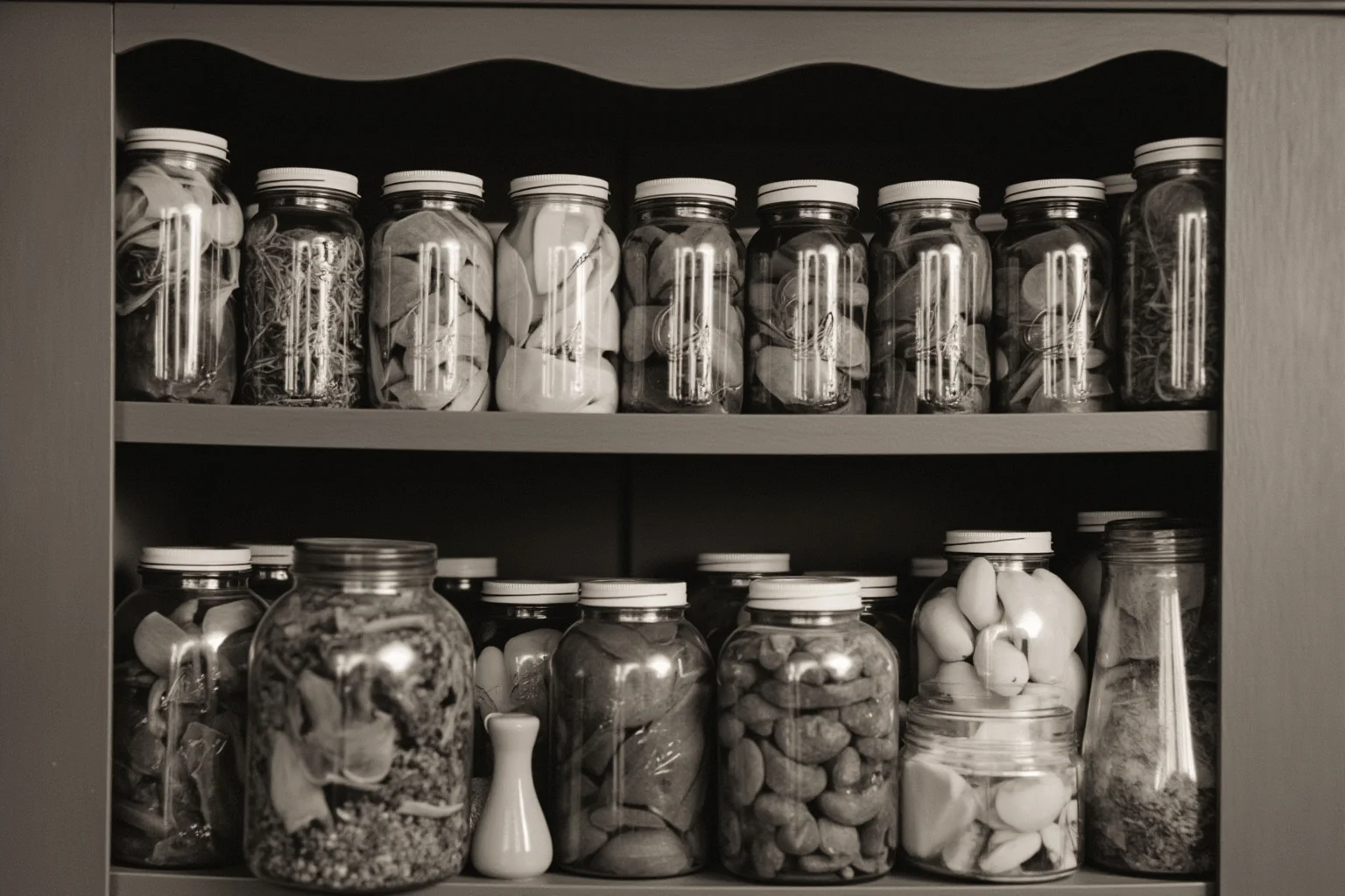 22 Things Every American Home Had in the 1920s 16 Rows of glass Mason jars filled with preserved vegetables on a pantry shelf in the 1920s