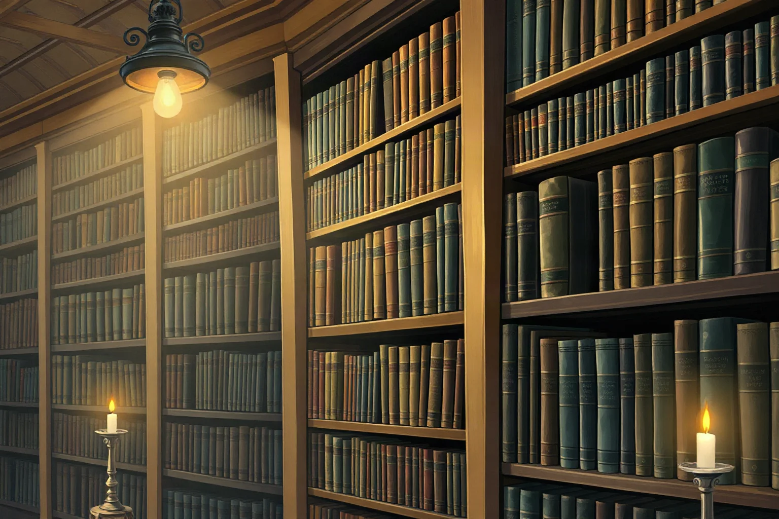 Rows of leather-bound antique books on tall wooden library shelves, candlelit historical library illustration