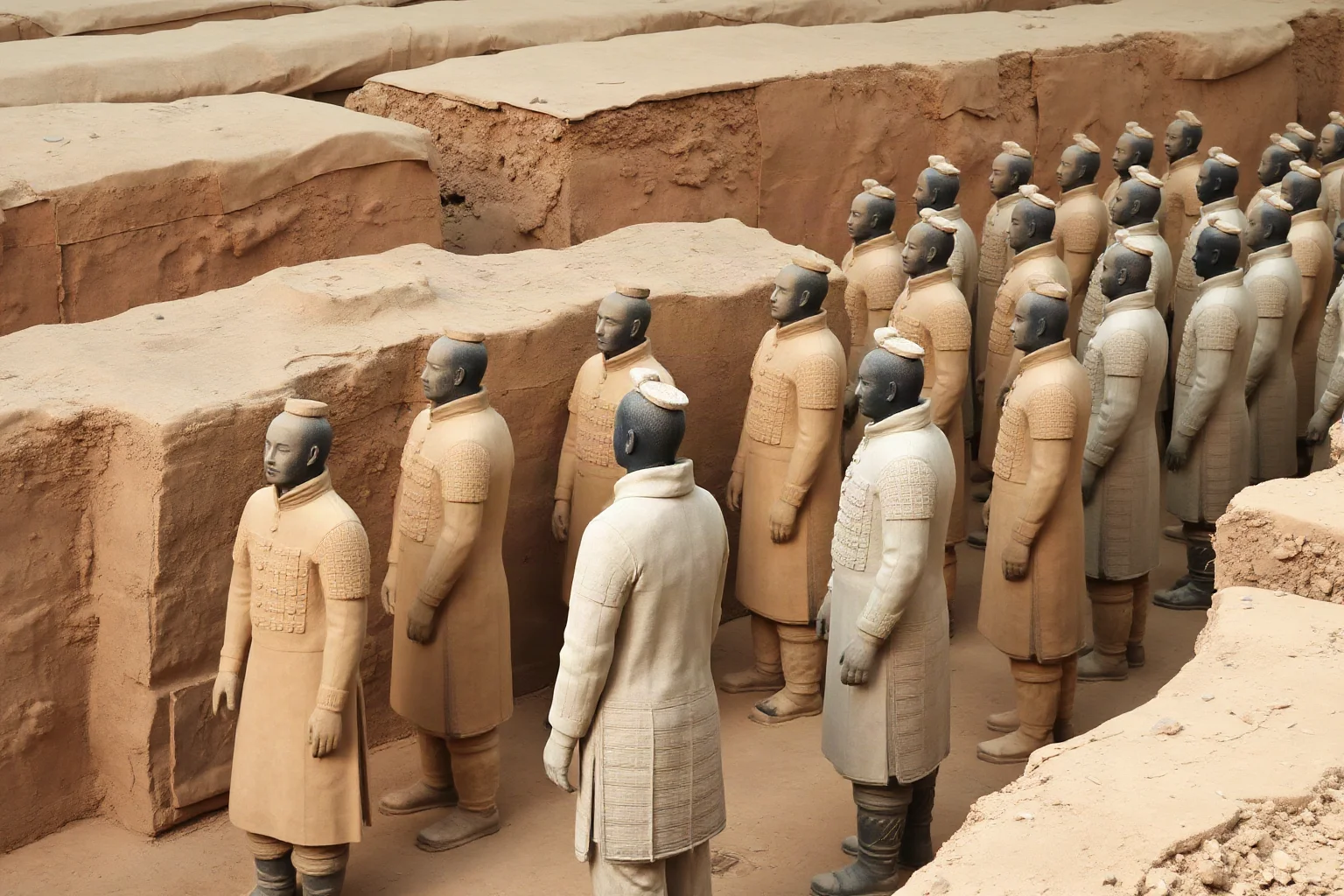Rows of life-size terracotta soldier statues standing in an excavated archaeological pit