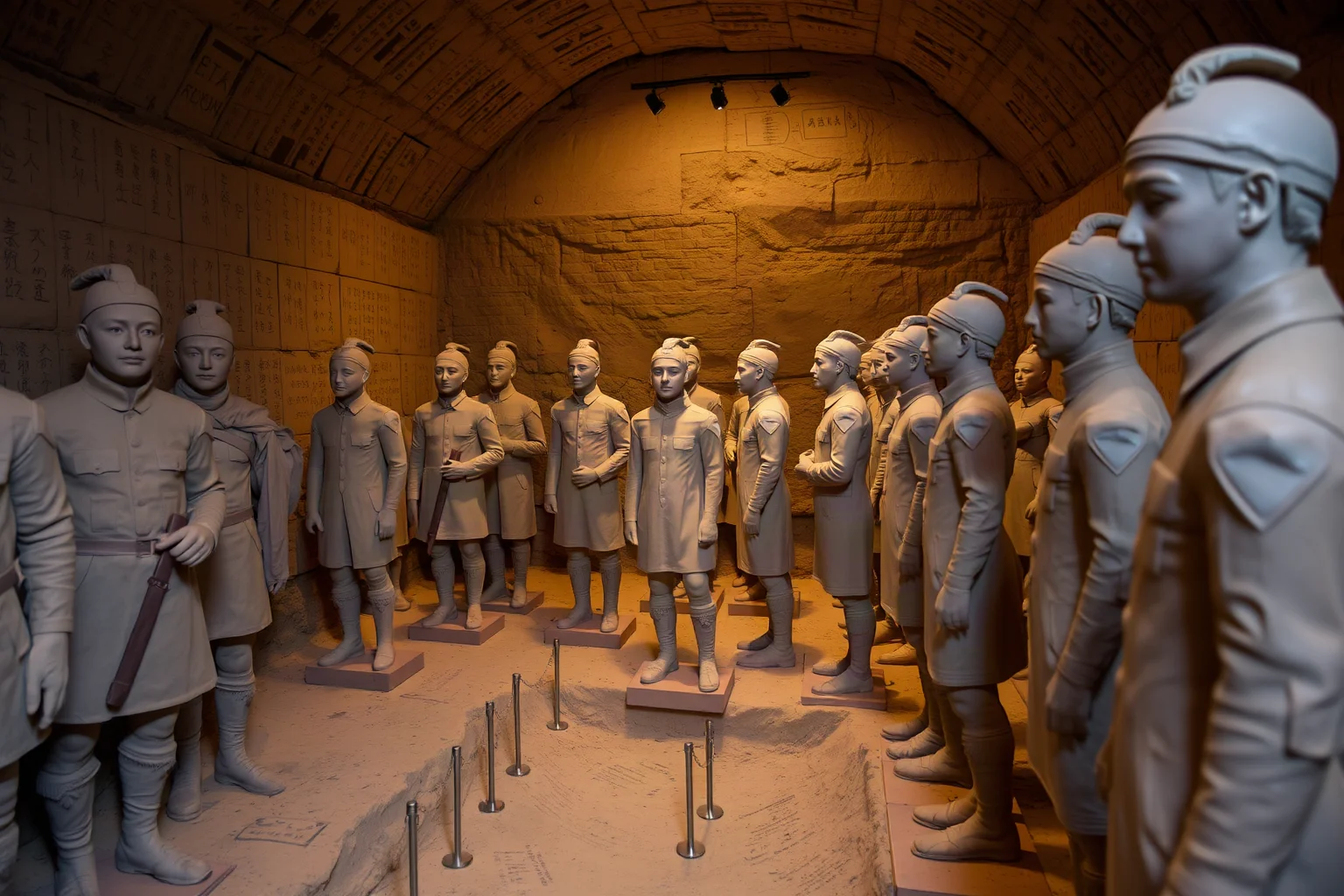 Rows of life-sized clay soldier statues standing in an excavated underground pit, museum lighting