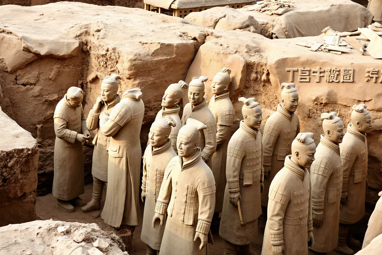 Rows of life-sized terracotta soldier statues standing in an excavated pit