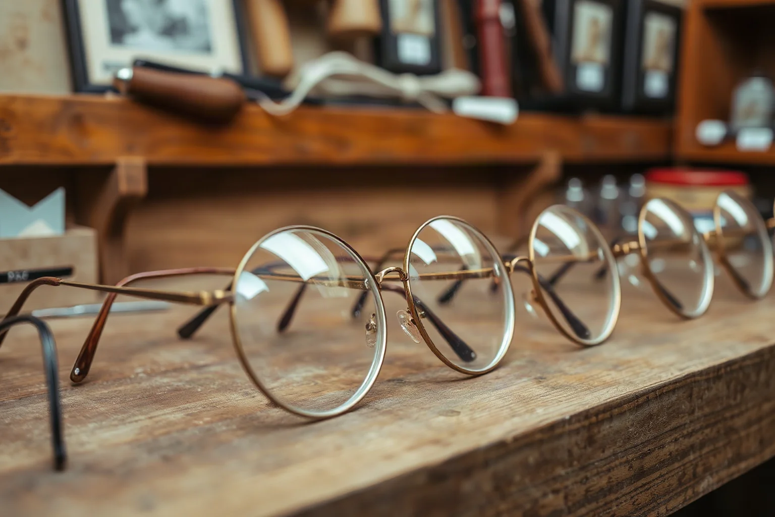 Rows of round wire-framed Renaissance spectacles on a craftsman's workbench